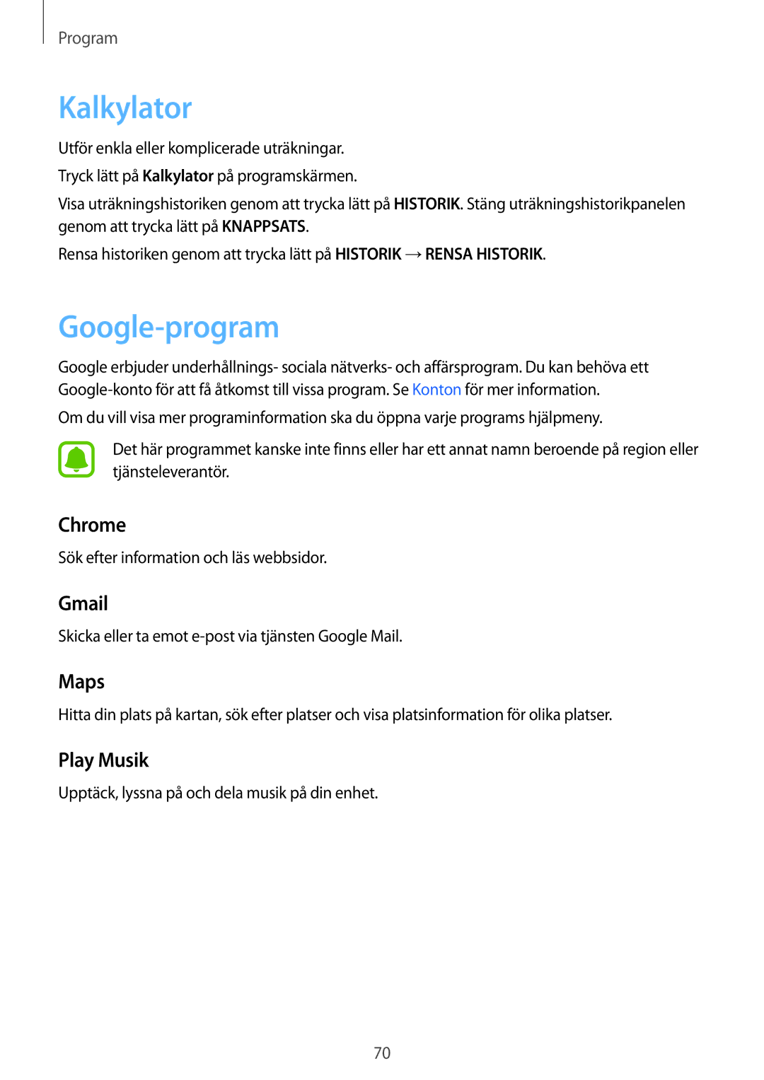 Samsung SM-T670NZKANEE manual Kalkylator, Google-program 