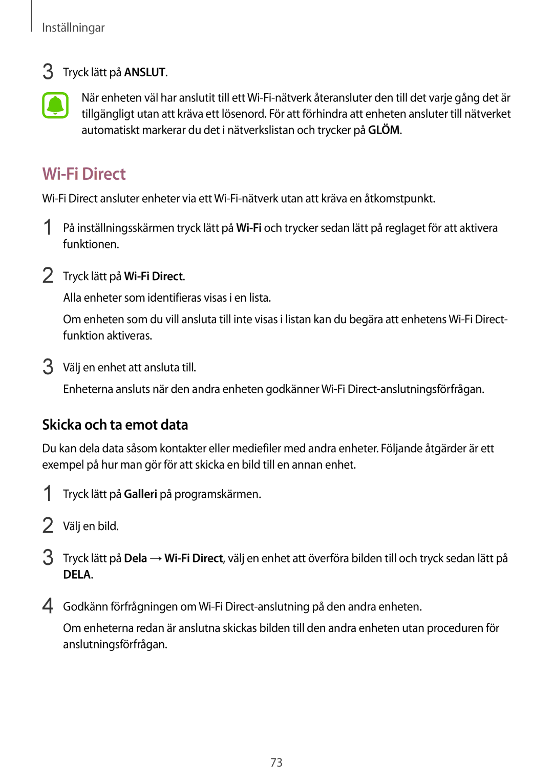 Samsung SM-T670NZKANEE manual Wi-Fi Direct, Skicka och ta emot data, Tryck lätt på Anslut 