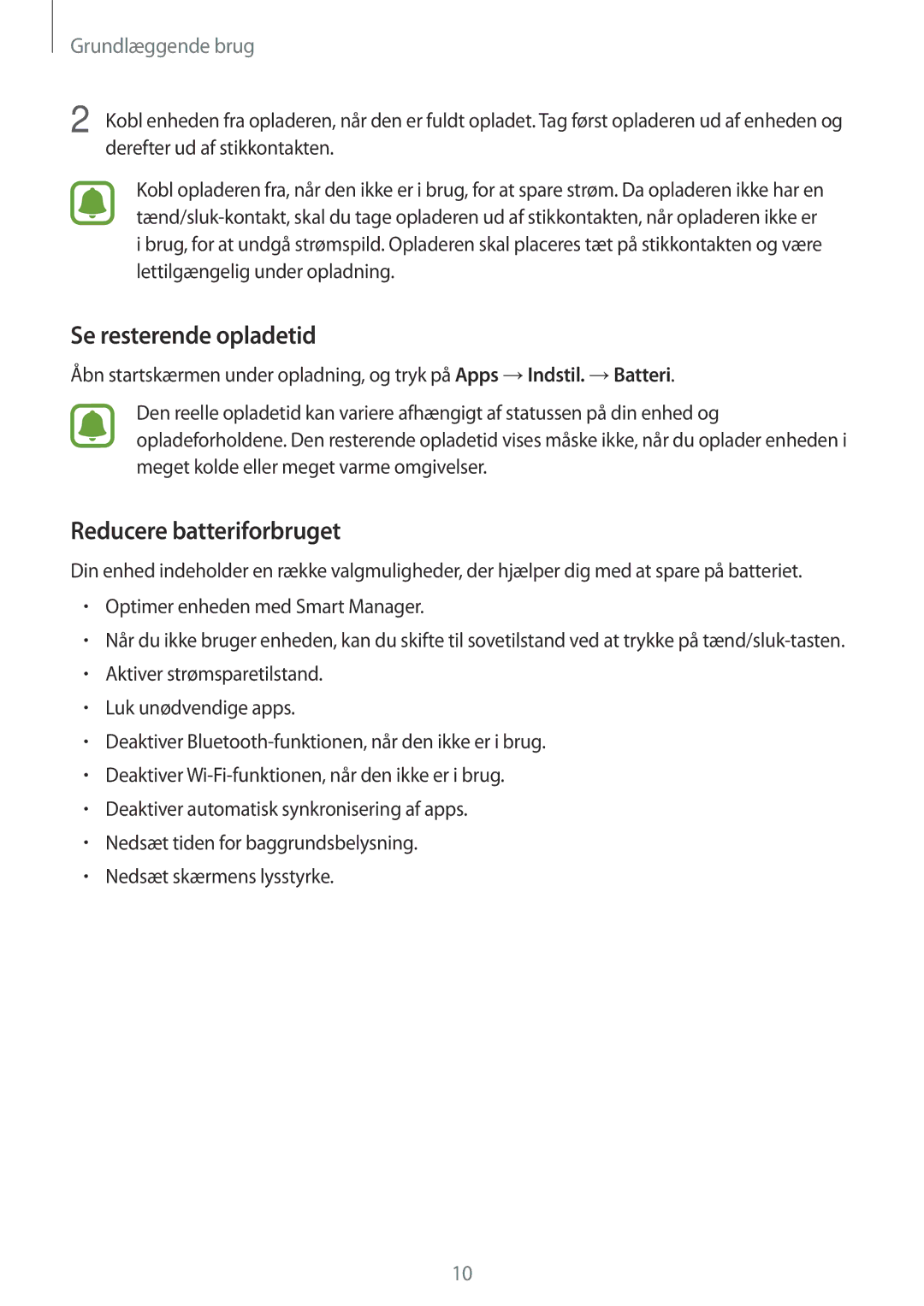 Samsung SM-T670NZKANEE manual Se resterende opladetid, Reducere batteriforbruget 