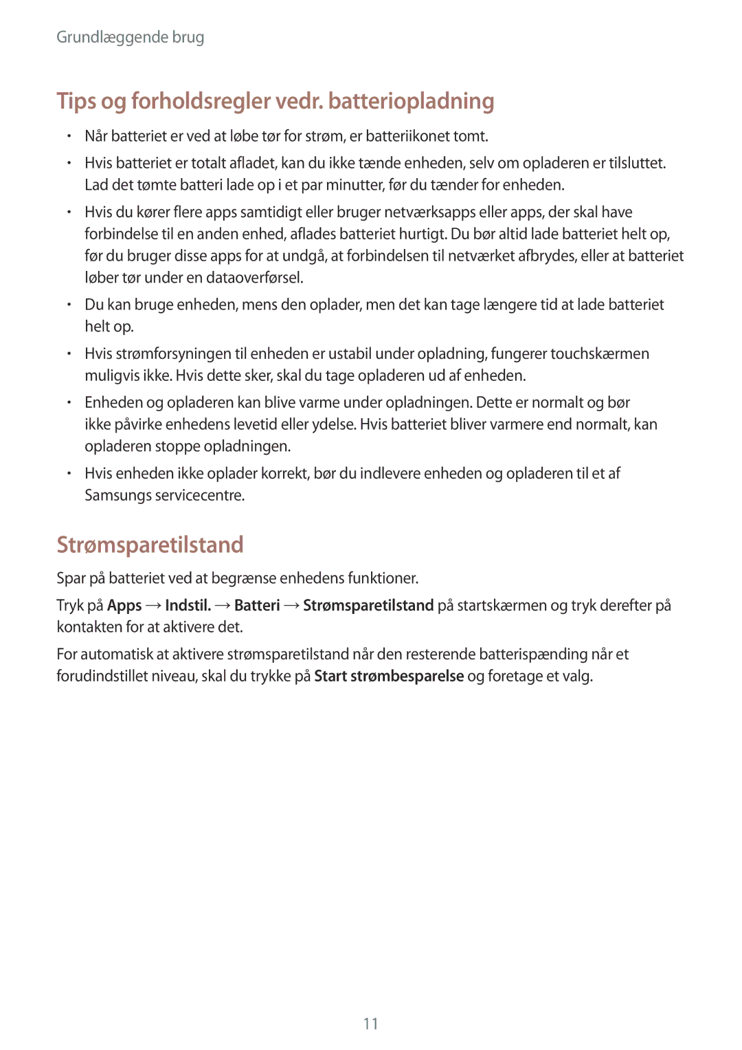 Samsung SM-T670NZKANEE manual Tips og forholdsregler vedr. batteriopladning, Strømsparetilstand 