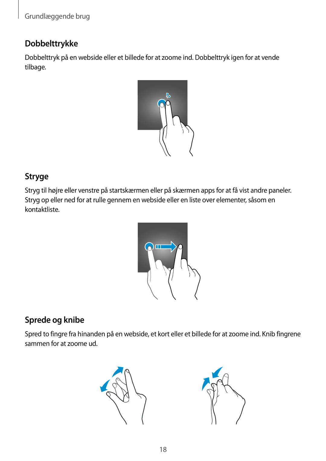 Samsung SM-T670NZKANEE manual Dobbelttrykke, Stryge, Sprede og knibe 