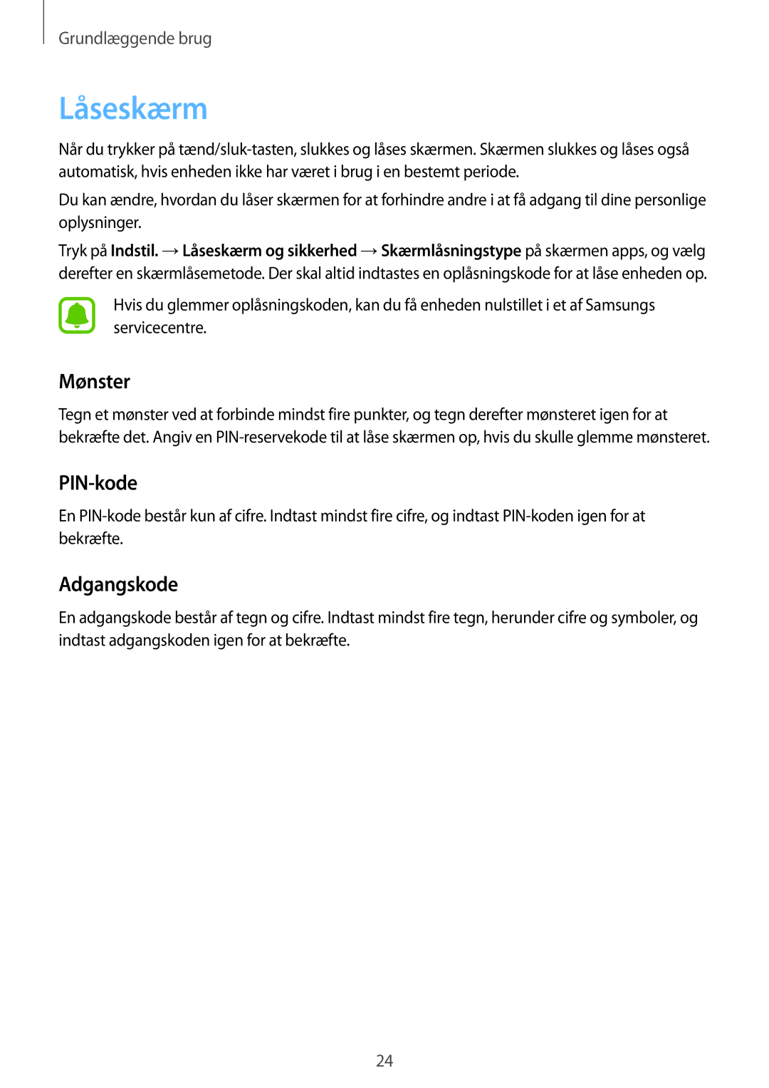 Samsung SM-T670NZKANEE manual Låseskærm, Mønster, PIN-kode, Adgangskode 