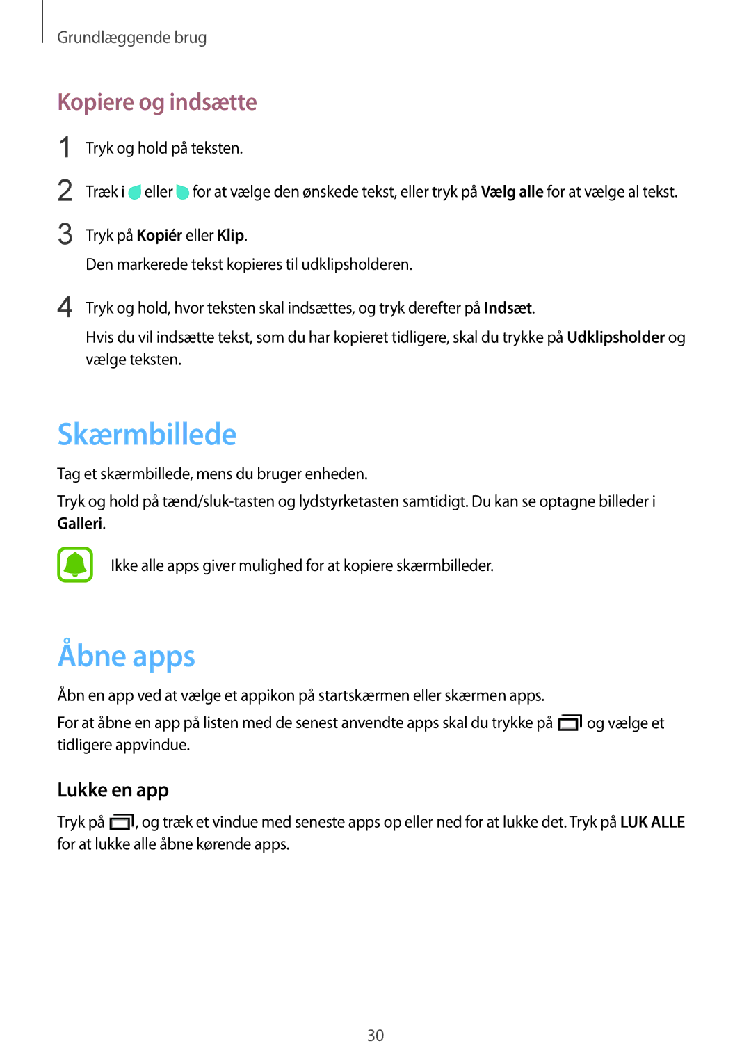 Samsung SM-T670NZKANEE manual Skærmbillede, Åbne apps, Kopiere og indsætte, Lukke en app 