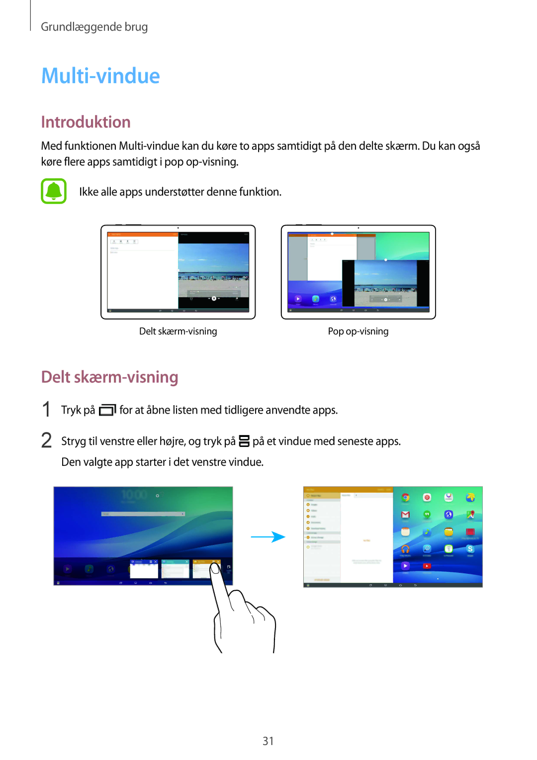 Samsung SM-T670NZKANEE manual Multi-vindue, Introduktion, Delt skærm-visning 