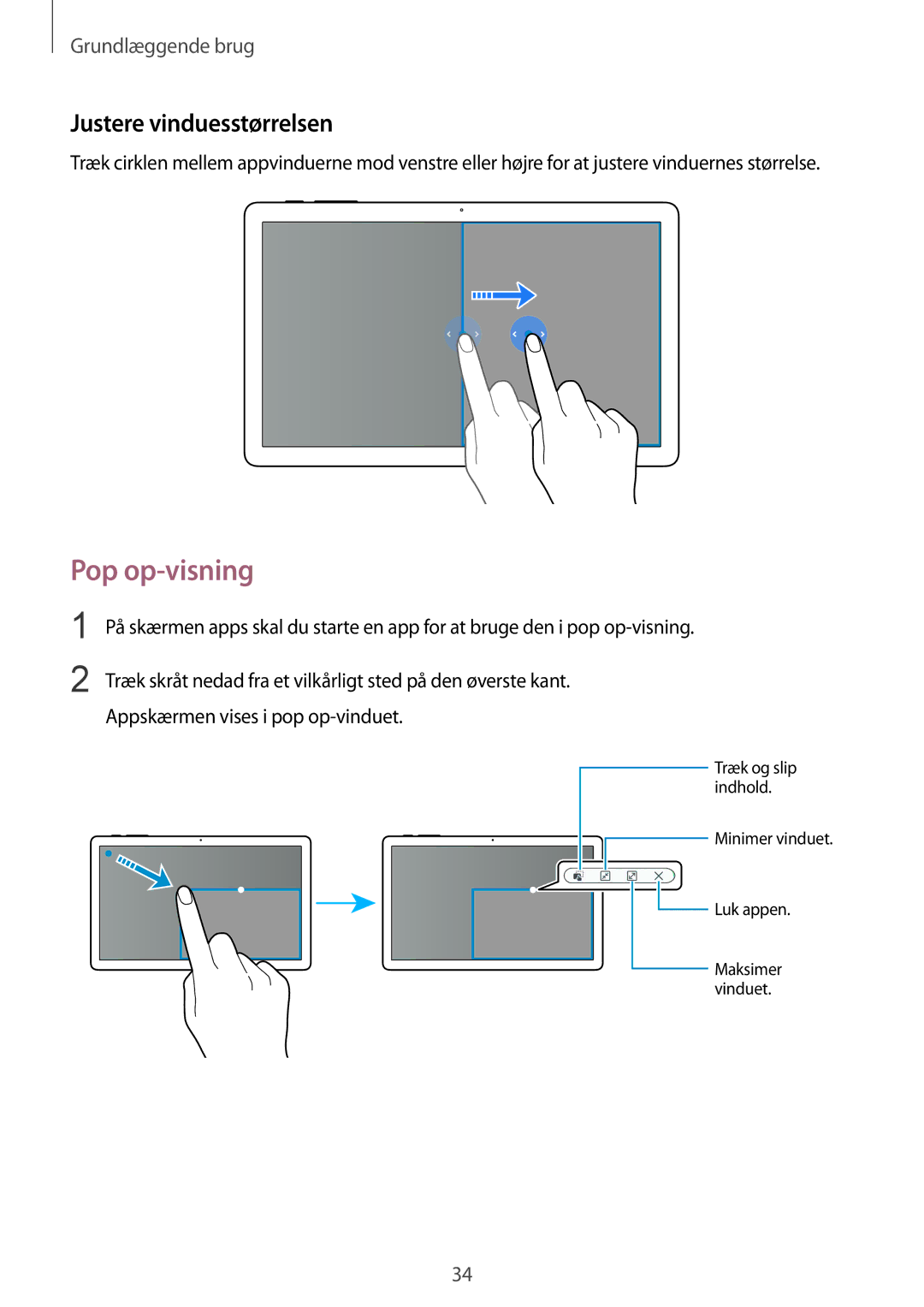 Samsung SM-T670NZKANEE manual Pop op-visning, Justere vinduesstørrelsen 