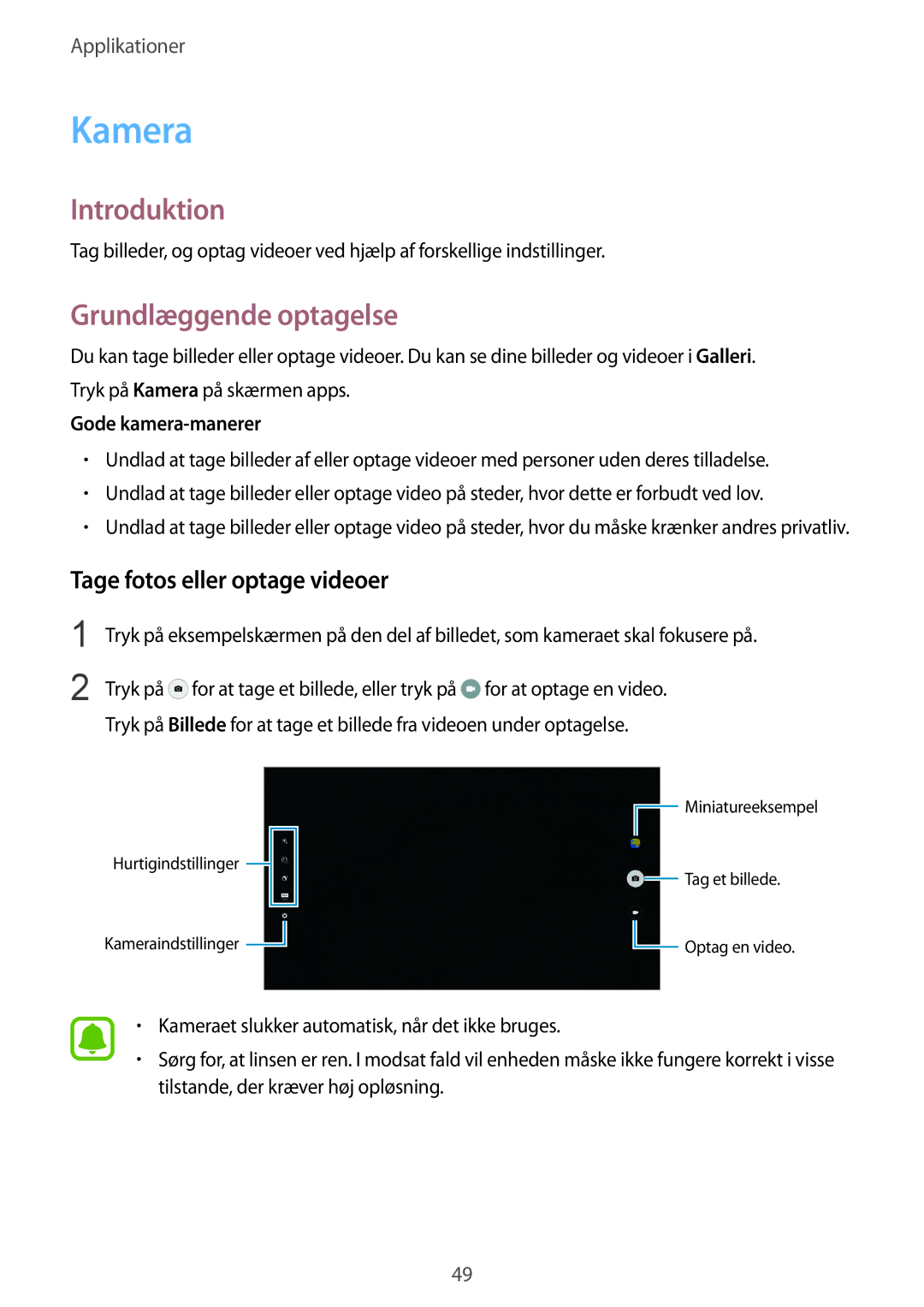 Samsung SM-T670NZKANEE manual Kamera, Grundlæggende optagelse, Tage fotos eller optage videoer 