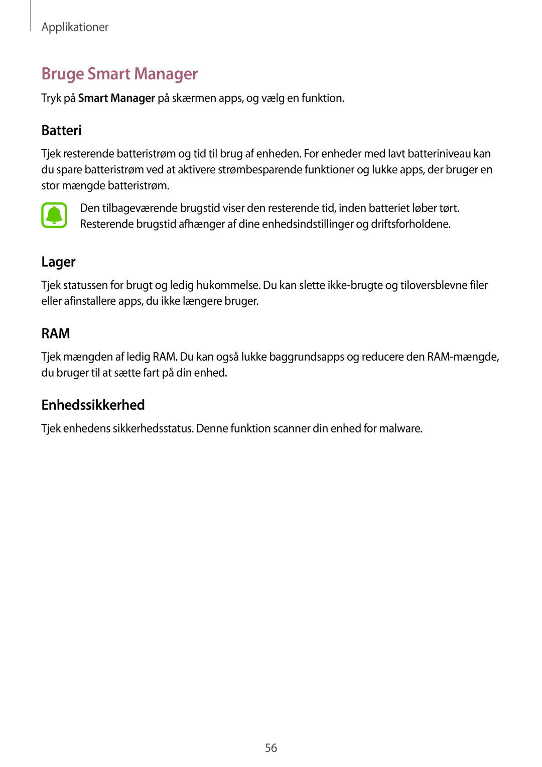 Samsung SM-T670NZKANEE manual Bruge Smart Manager, Batteri, Lager, Enhedssikkerhed 