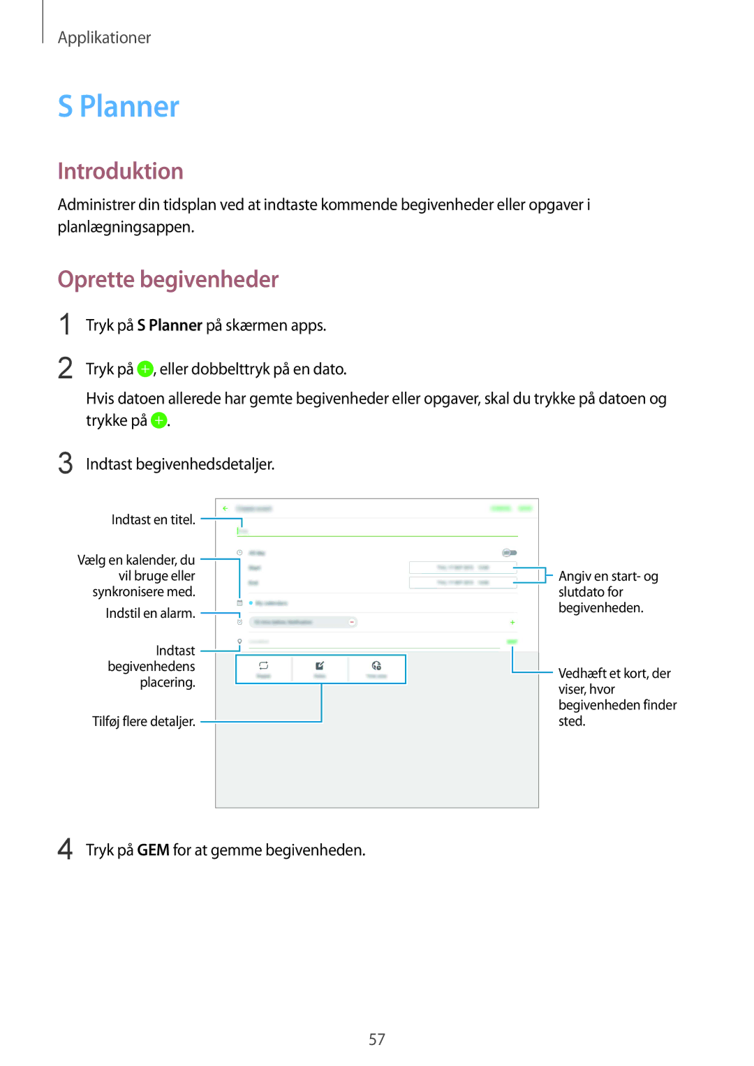 Samsung SM-T670NZKANEE manual Planner, Oprette begivenheder 