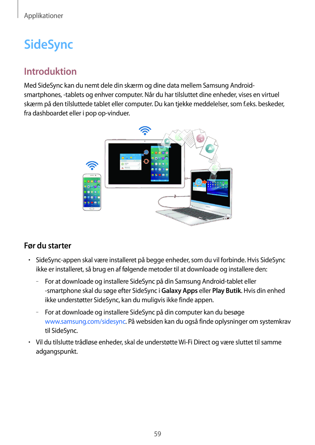 Samsung SM-T670NZKANEE manual SideSync, Før du starter 