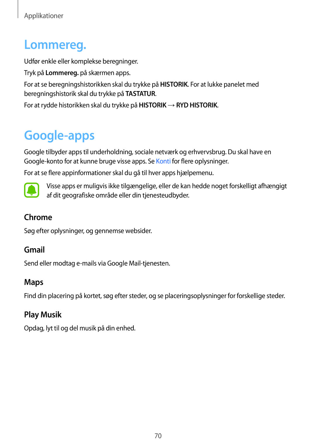 Samsung SM-T670NZKANEE manual Lommereg, Google-apps 