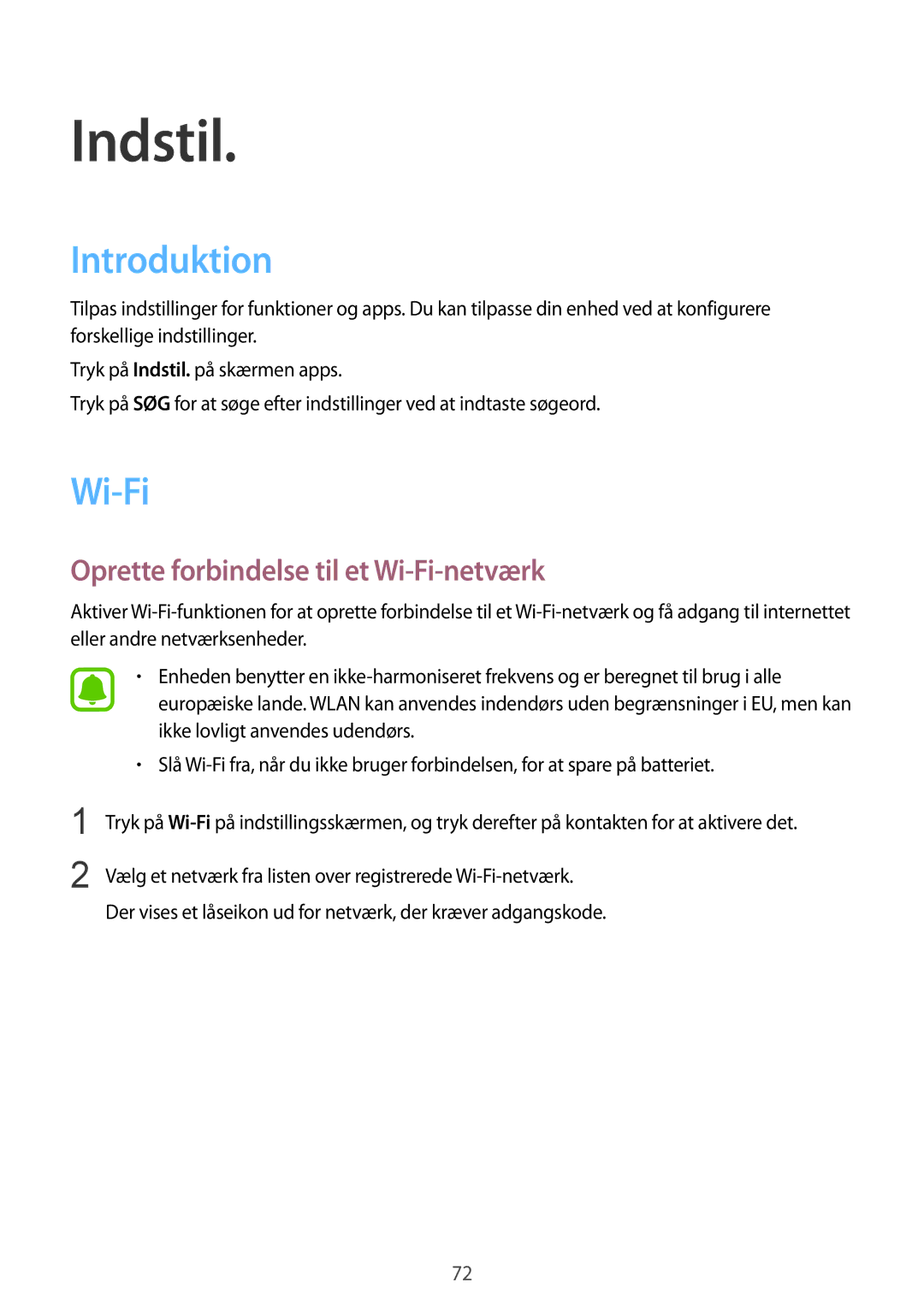 Samsung SM-T670NZKANEE manual Introduktion, Oprette forbindelse til et Wi-Fi-netværk 