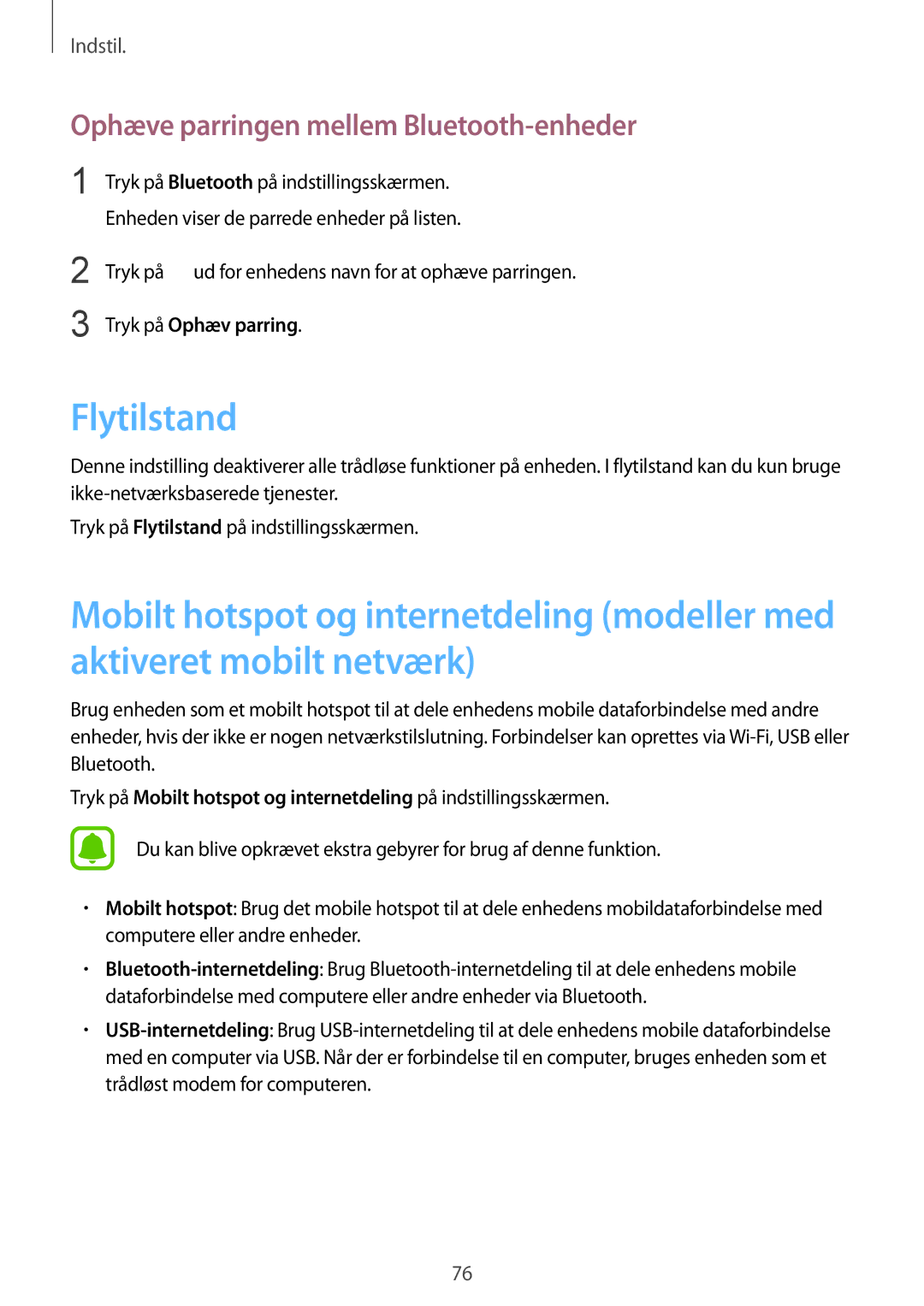 Samsung SM-T670NZKANEE manual Flytilstand, Ophæve parringen mellem Bluetooth-enheder 