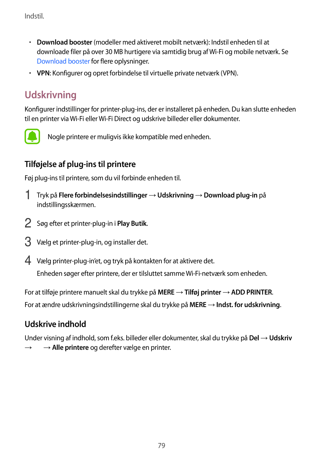 Samsung SM-T670NZKANEE manual Udskrivning, Tilføjelse af plug-ins til printere, Udskrive indhold 