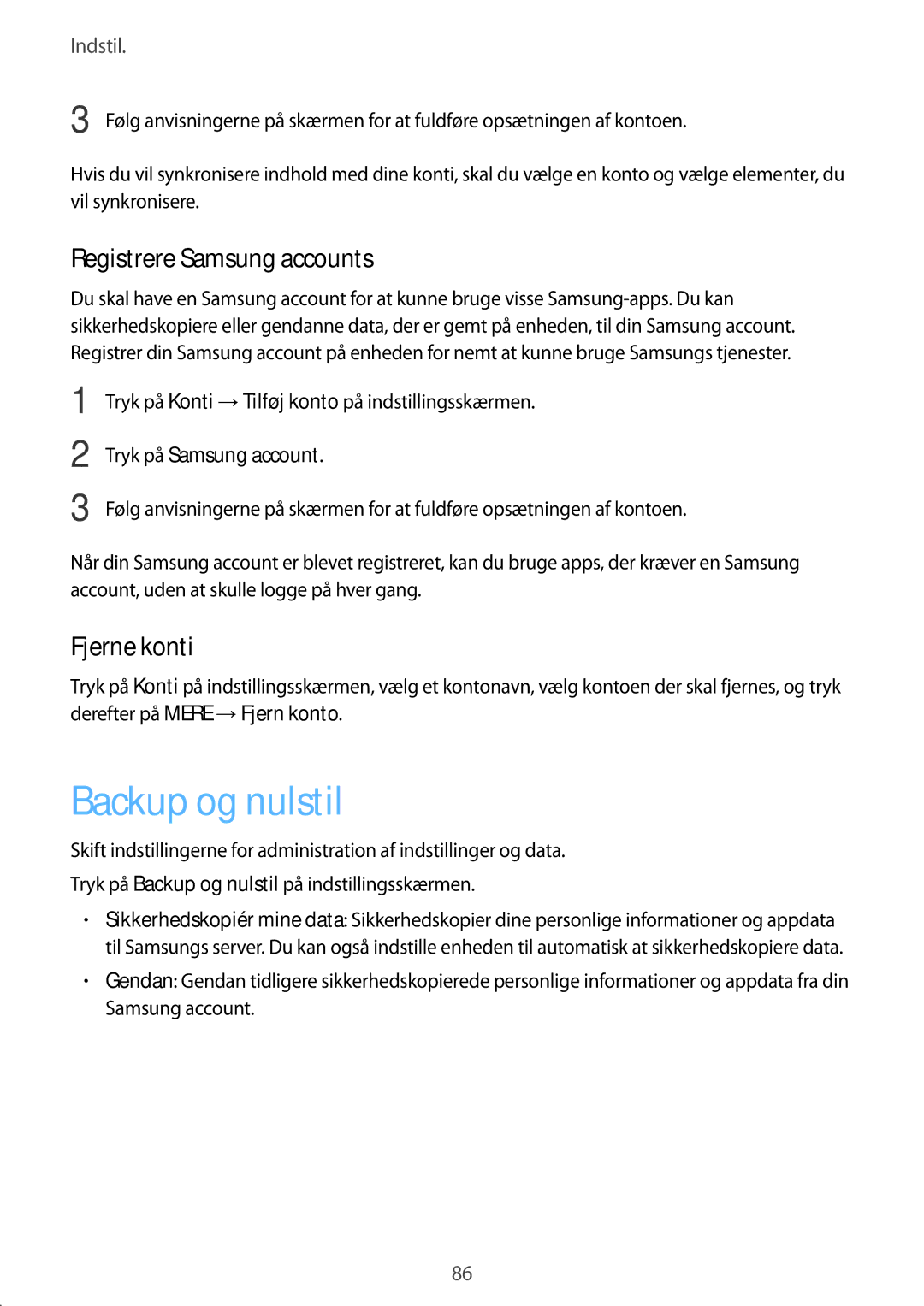 Samsung SM-T670NZKANEE manual Backup og nulstil, Registrere Samsung accounts, Fjerne konti 