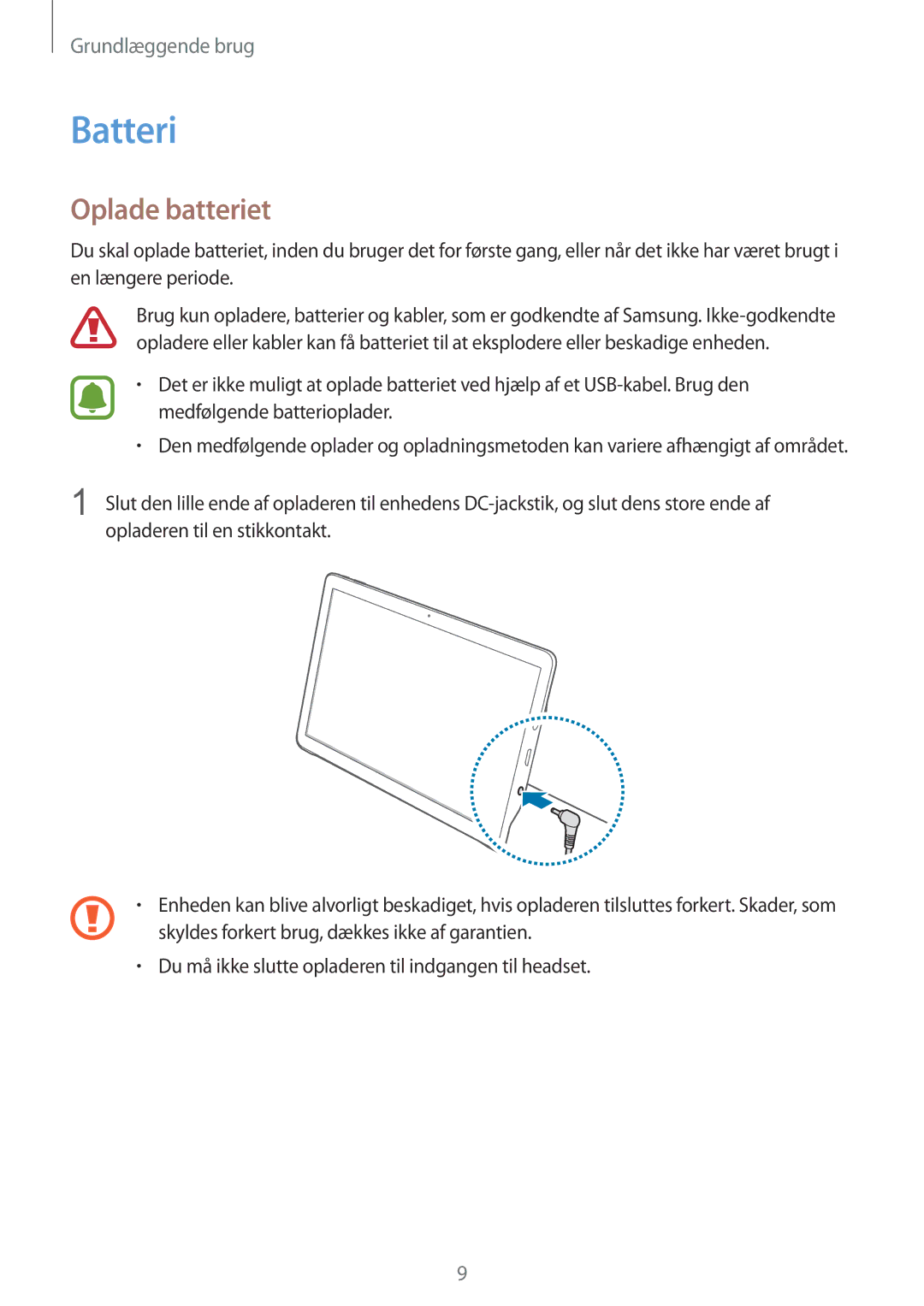 Samsung SM-T670NZKANEE manual Batteri, Oplade batteriet 