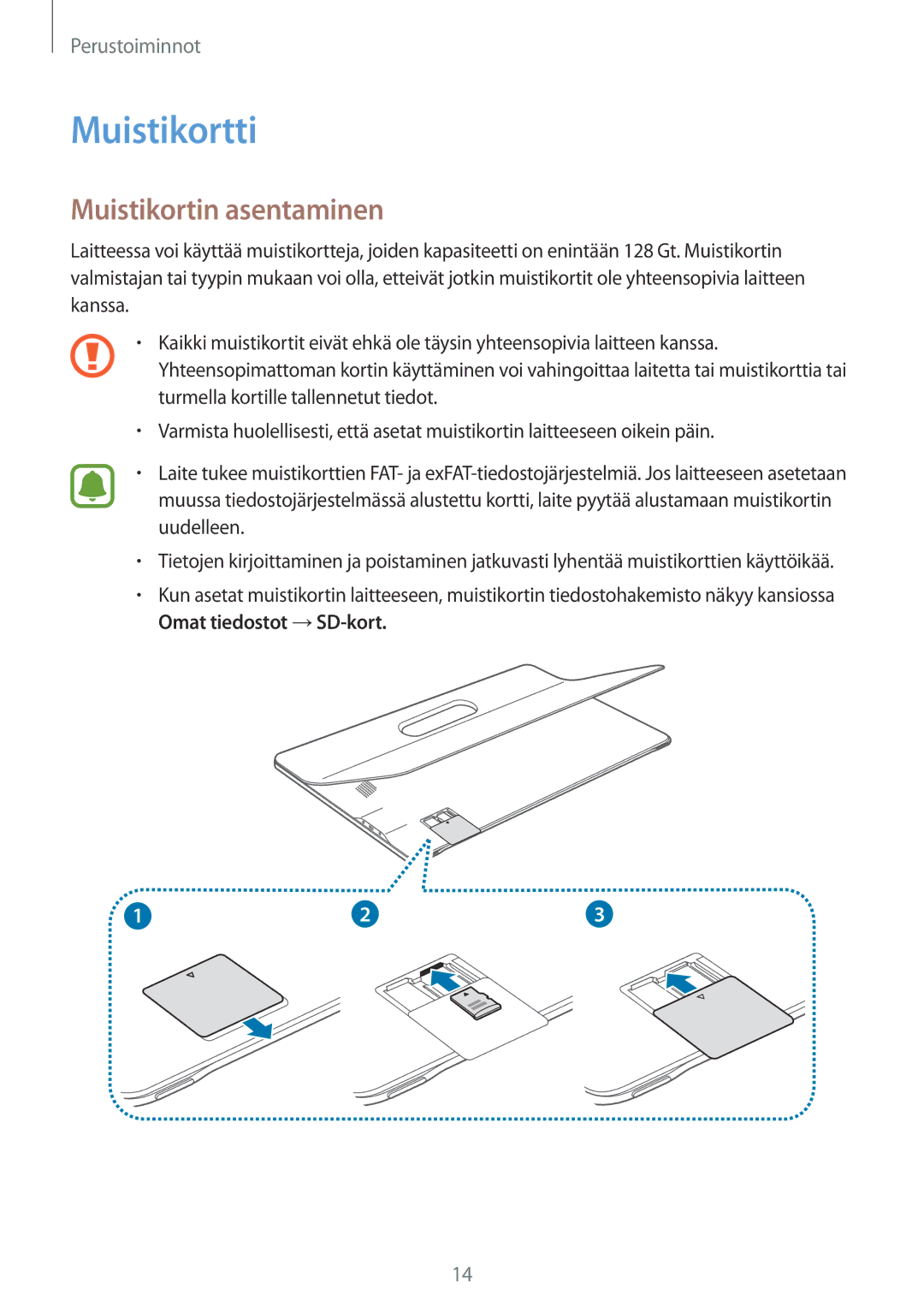 Samsung SM-T670NZKANEE manual Muistikortti, Muistikortin asentaminen 