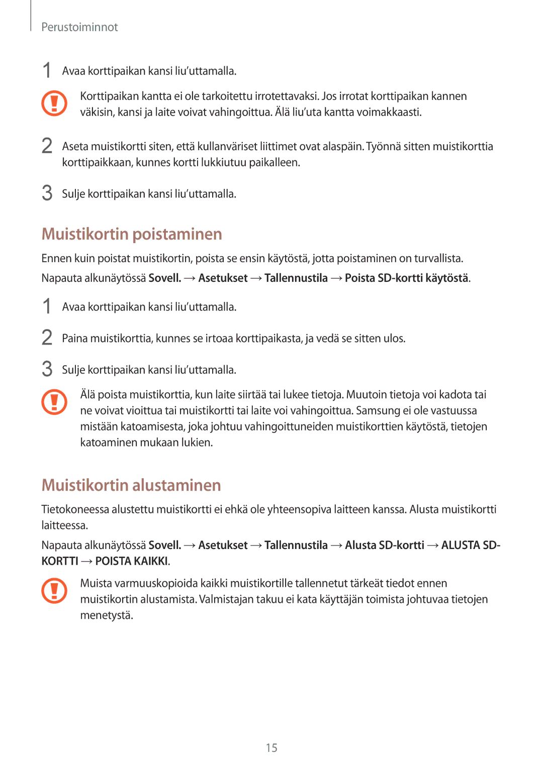 Samsung SM-T670NZKANEE manual Muistikortin poistaminen, Muistikortin alustaminen 