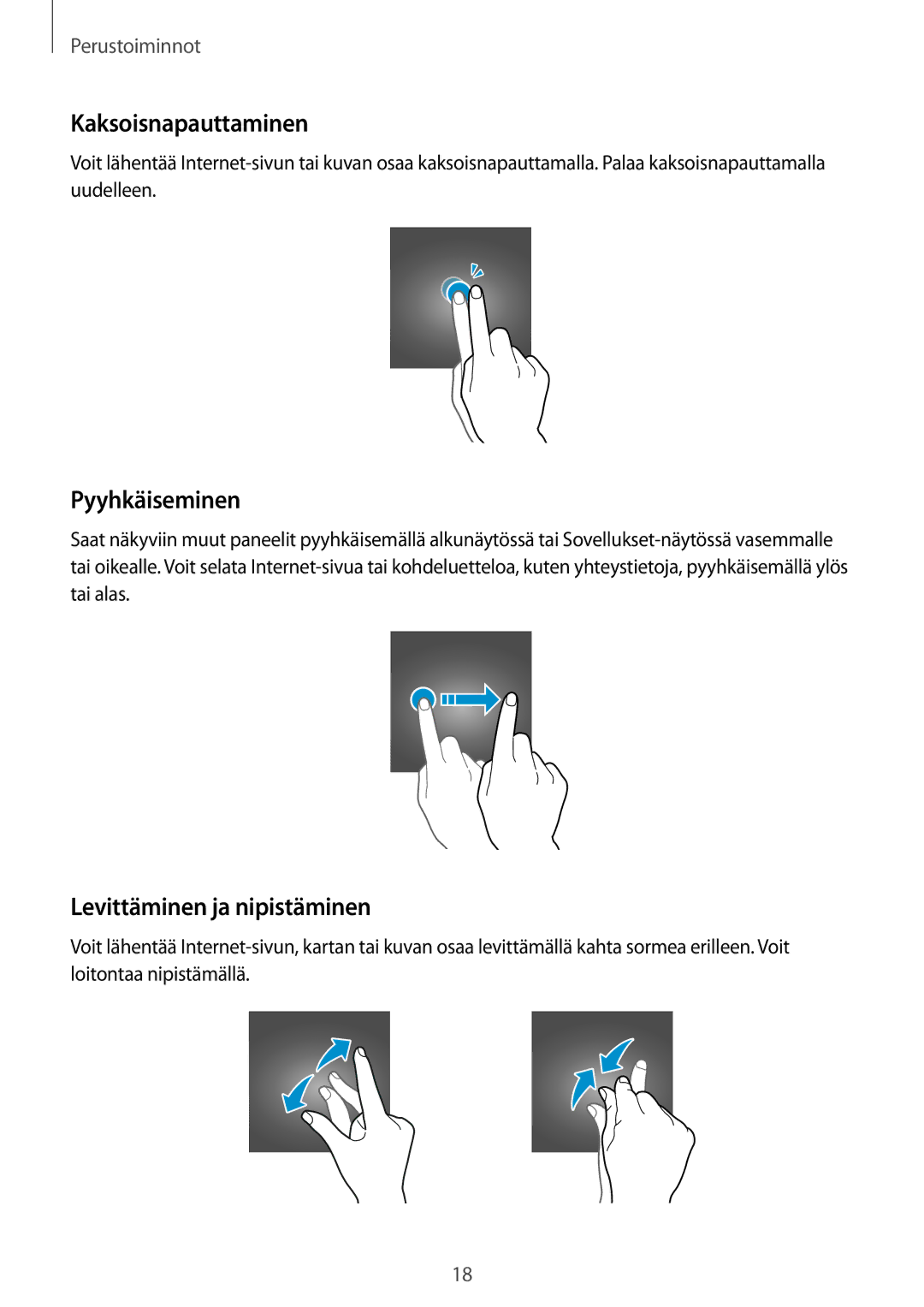 Samsung SM-T670NZKANEE manual Kaksoisnapauttaminen, Pyyhkäiseminen, Levittäminen ja nipistäminen 