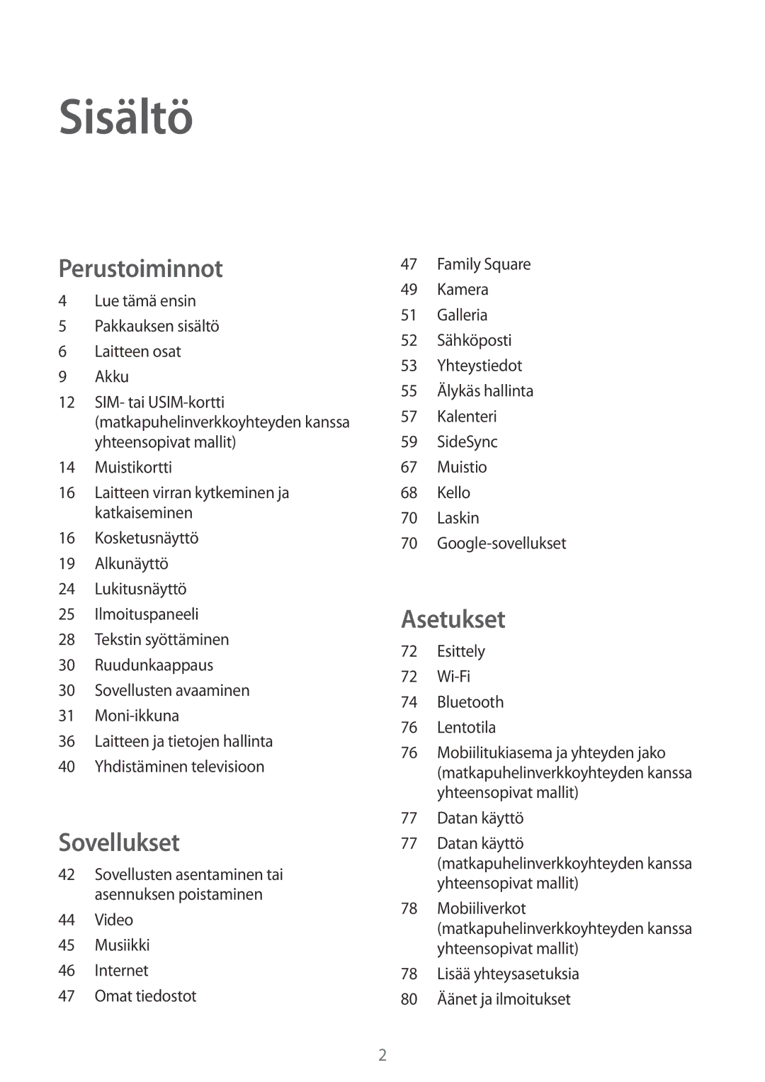 Samsung SM-T670NZKANEE manual Sisältö 