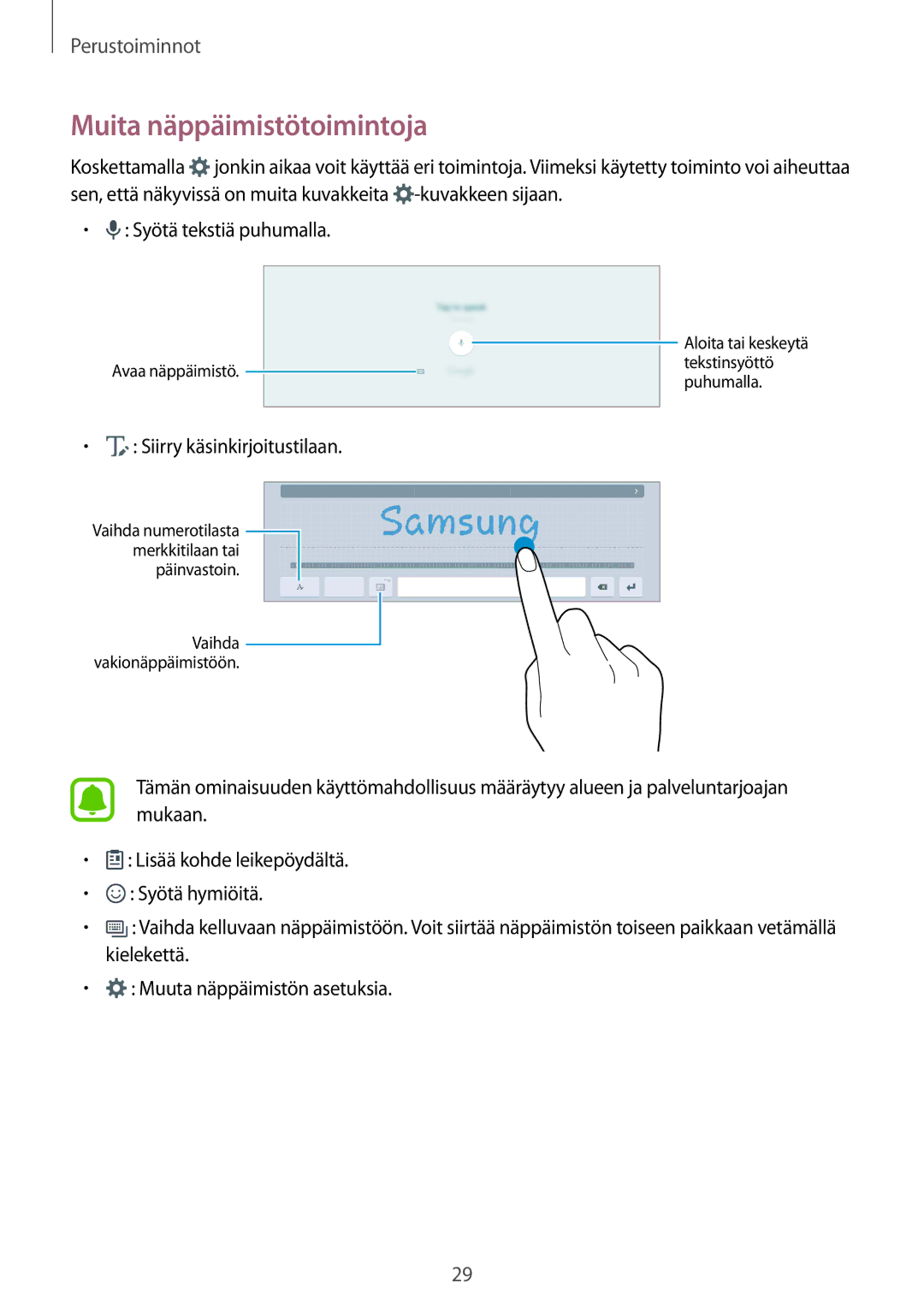 Samsung SM-T670NZKANEE manual Muita näppäimistötoimintoja, Siirry käsinkirjoitustilaan 