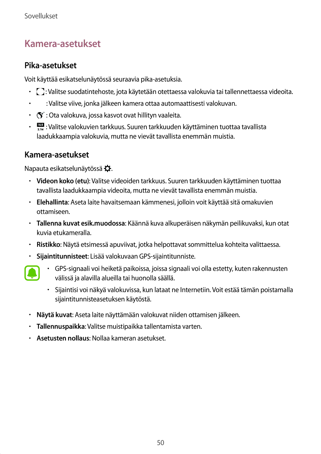 Samsung SM-T670NZKANEE manual Kamera-asetukset, Pika-asetukset 