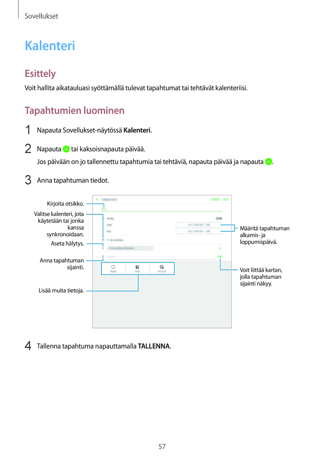 Samsung SM-T670NZKANEE manual Kalenteri, Tapahtumien luominen 