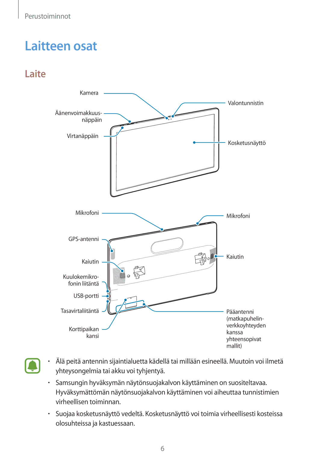 Samsung SM-T670NZKANEE manual Laitteen osat, Laite 