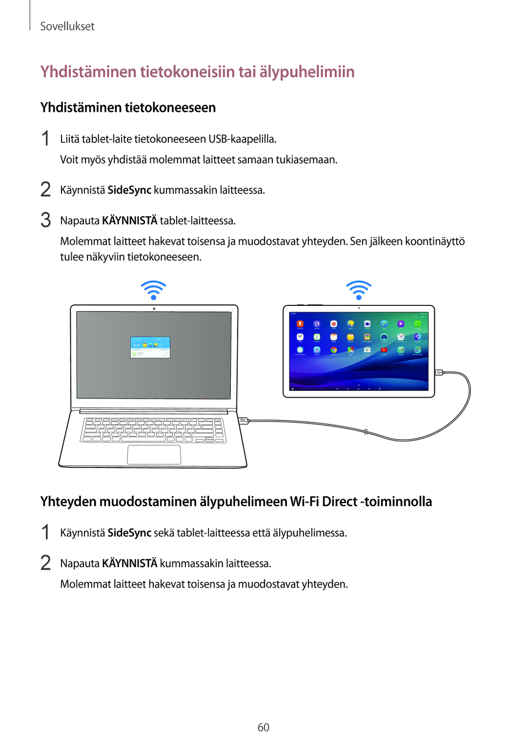 Samsung SM-T670NZKANEE manual Yhdistäminen tietokoneisiin tai älypuhelimiin, Yhdistäminen tietokoneeseen 