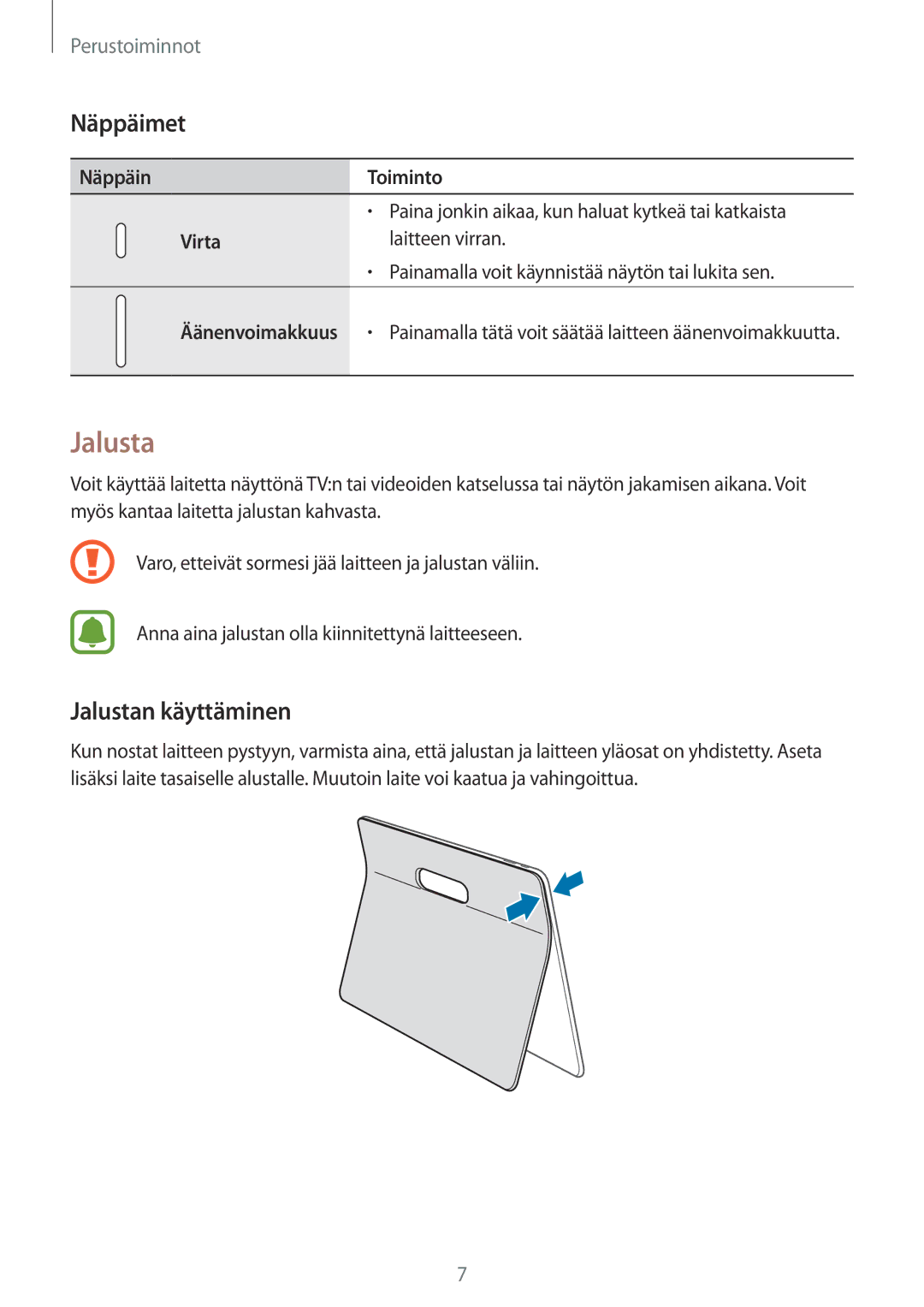 Samsung SM-T670NZKANEE manual Näppäimet, Jalustan käyttäminen 