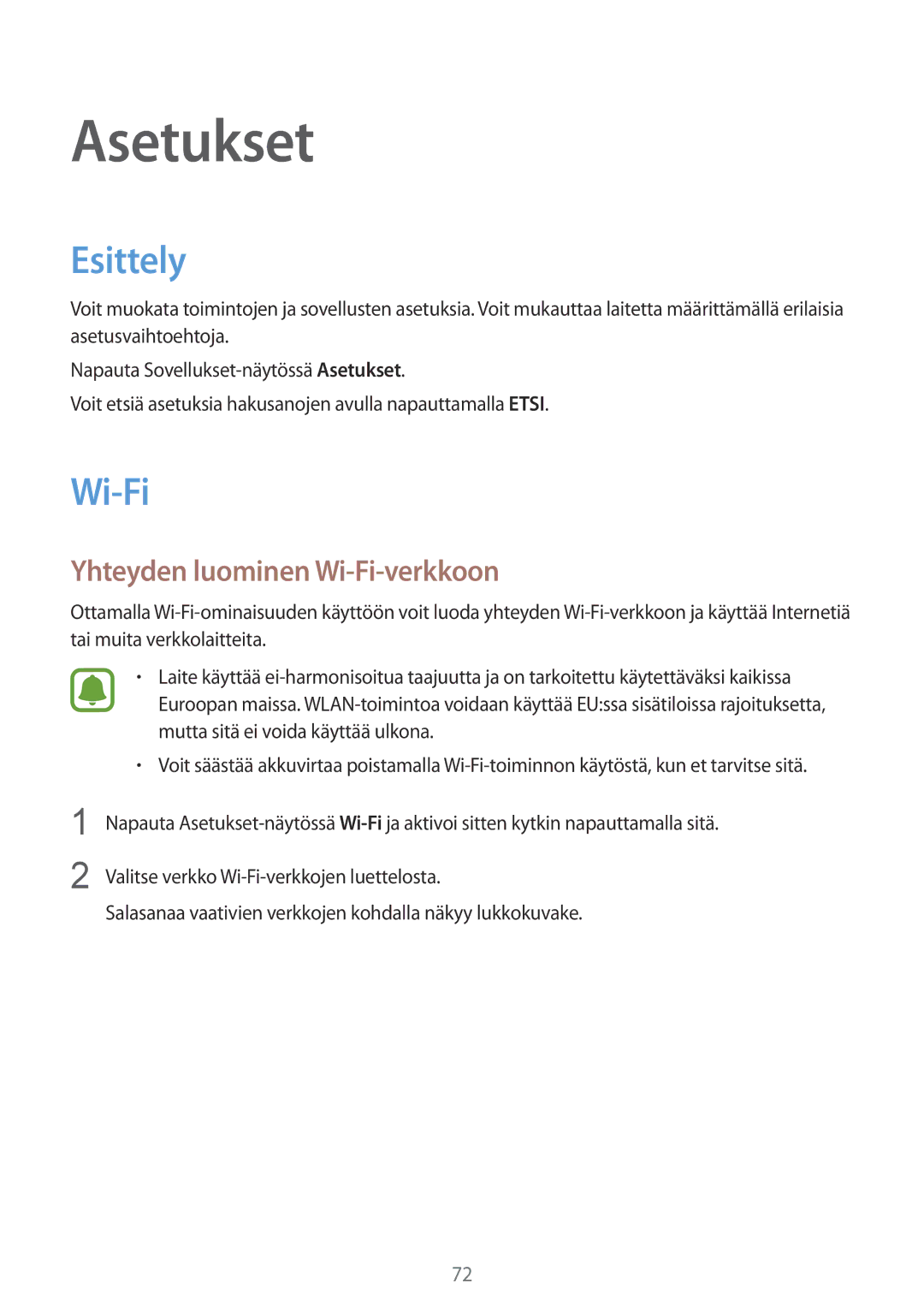 Samsung SM-T670NZKANEE manual Esittely, Yhteyden luominen Wi-Fi-verkkoon 