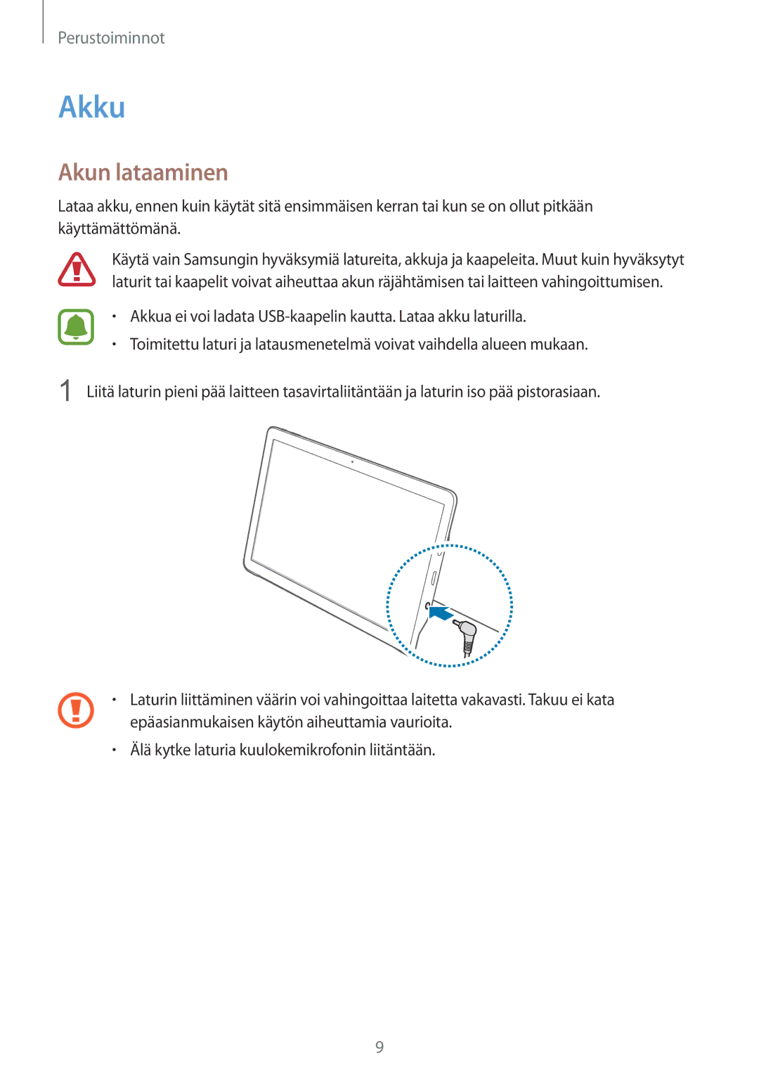 Samsung SM-T670NZKANEE manual Akku, Akun lataaminen 