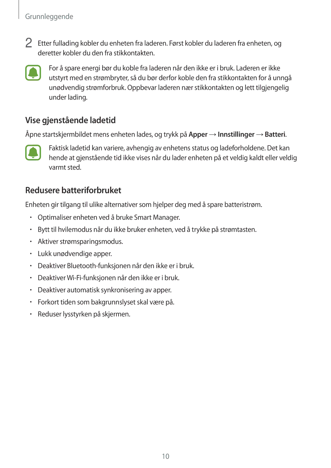 Samsung SM-T670NZKANEE manual Vise gjenstående ladetid, Redusere batteriforbruket 