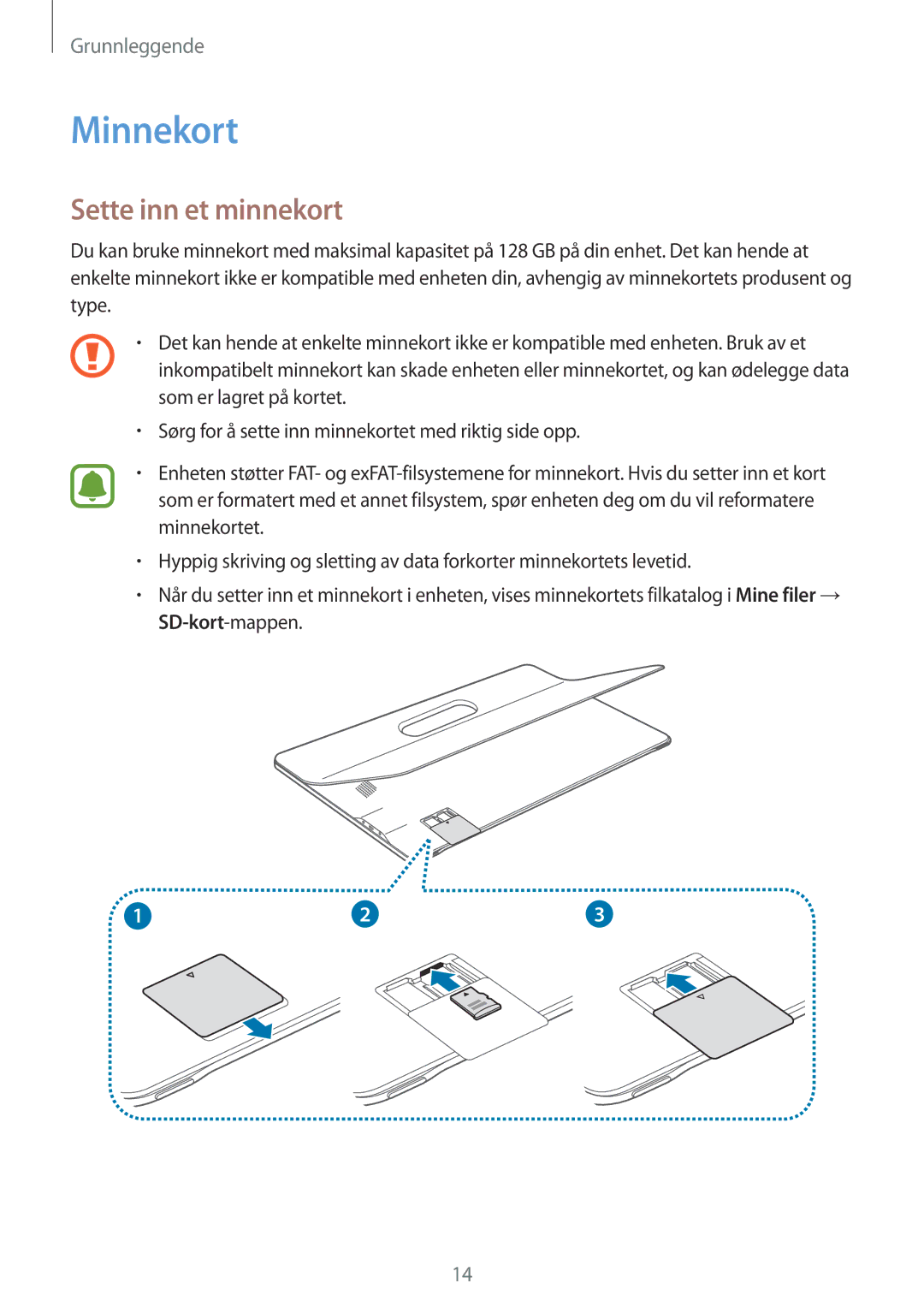 Samsung SM-T670NZKANEE manual Minnekort, Sette inn et minnekort 