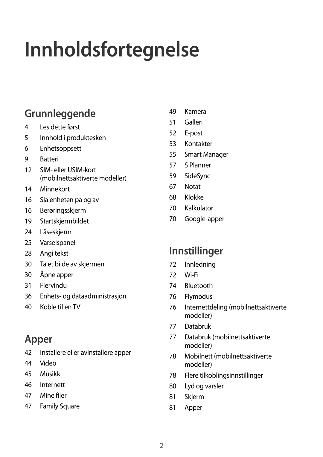 Samsung SM-T670NZKANEE manual Innholdsfortegnelse 