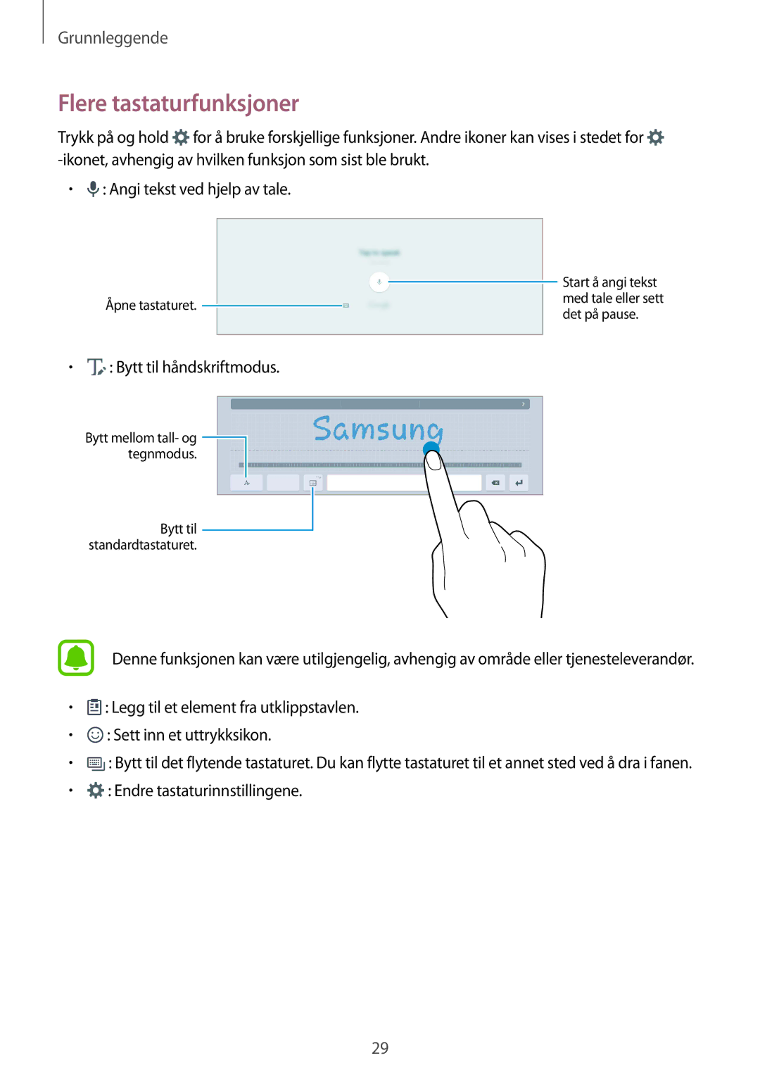 Samsung SM-T670NZKANEE manual Flere tastaturfunksjoner, Bytt til håndskriftmodus 