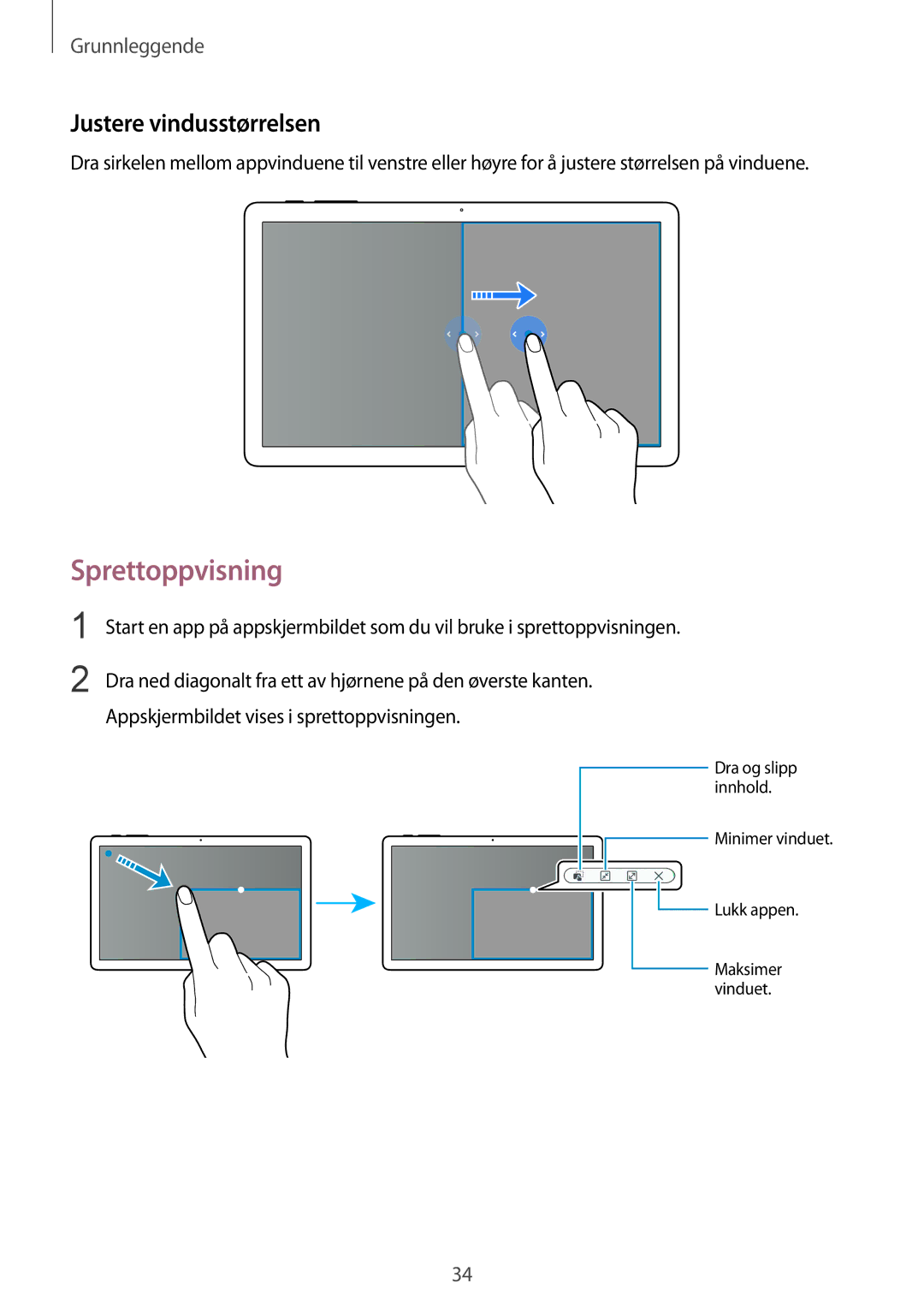 Samsung SM-T670NZKANEE manual Sprettoppvisning, Justere vindusstørrelsen 