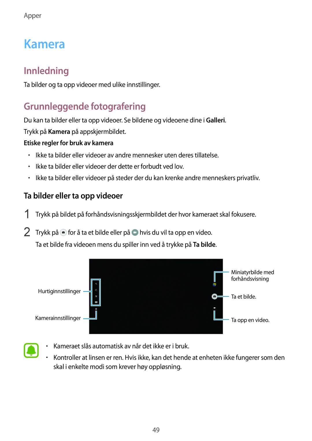 Samsung SM-T670NZKANEE manual Kamera, Grunnleggende fotografering, Ta bilder eller ta opp videoer 
