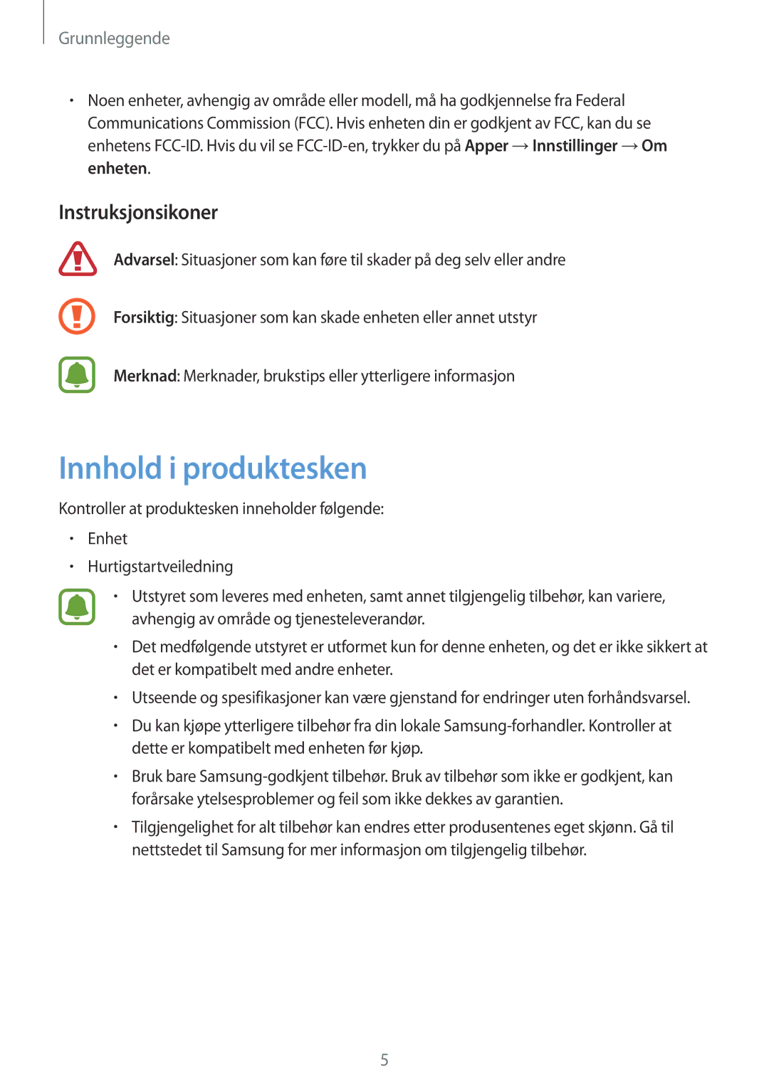 Samsung SM-T670NZKANEE manual Innhold i produktesken, Instruksjonsikoner 