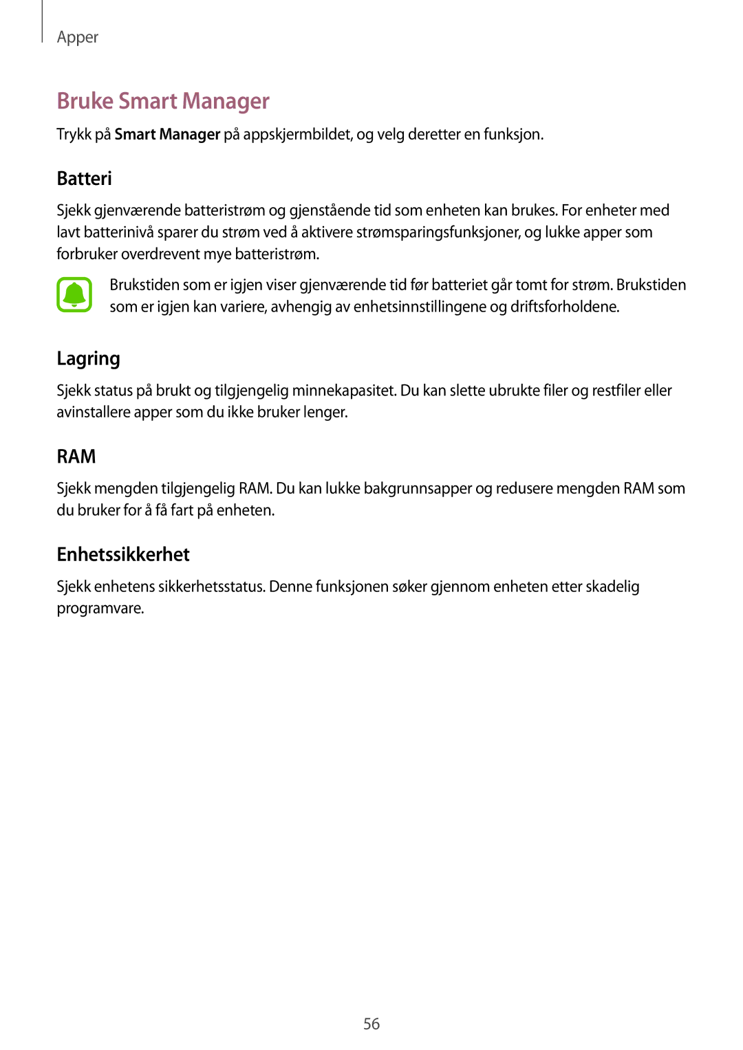 Samsung SM-T670NZKANEE manual Bruke Smart Manager, Batteri, Lagring, Enhetssikkerhet 