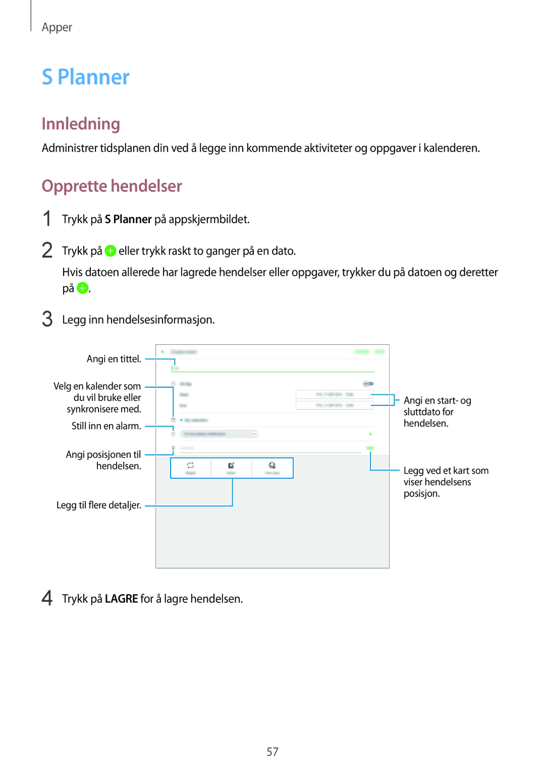 Samsung SM-T670NZKANEE manual Planner, Opprette hendelser 