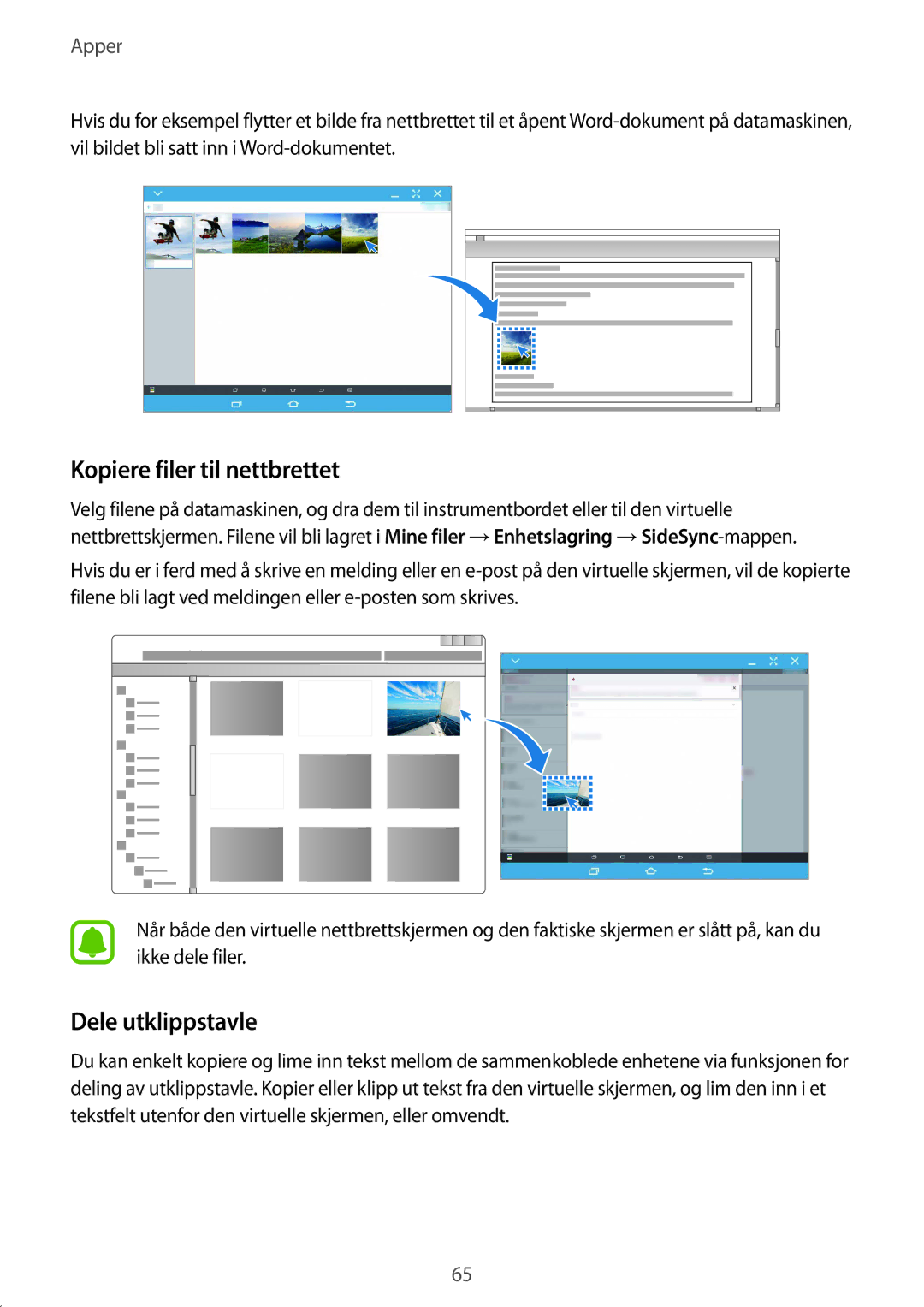 Samsung SM-T670NZKANEE manual Kopiere filer til nettbrettet, Dele utklippstavle 