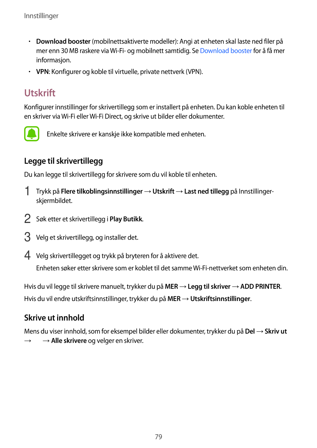 Samsung SM-T670NZKANEE manual Utskrift, Legge til skrivertillegg, Skrive ut innhold 