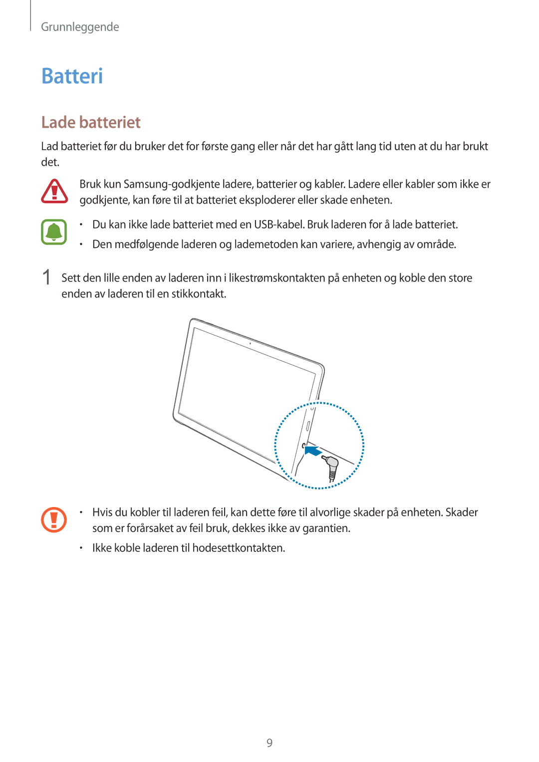 Samsung SM-T670NZKANEE manual Batteri, Lade batteriet 