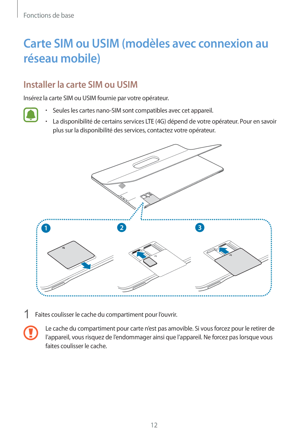 Samsung SM-T670NZKAXEF manual Carte SIM ou Usim modèles avec connexion au réseau mobile, Installer la carte SIM ou Usim 