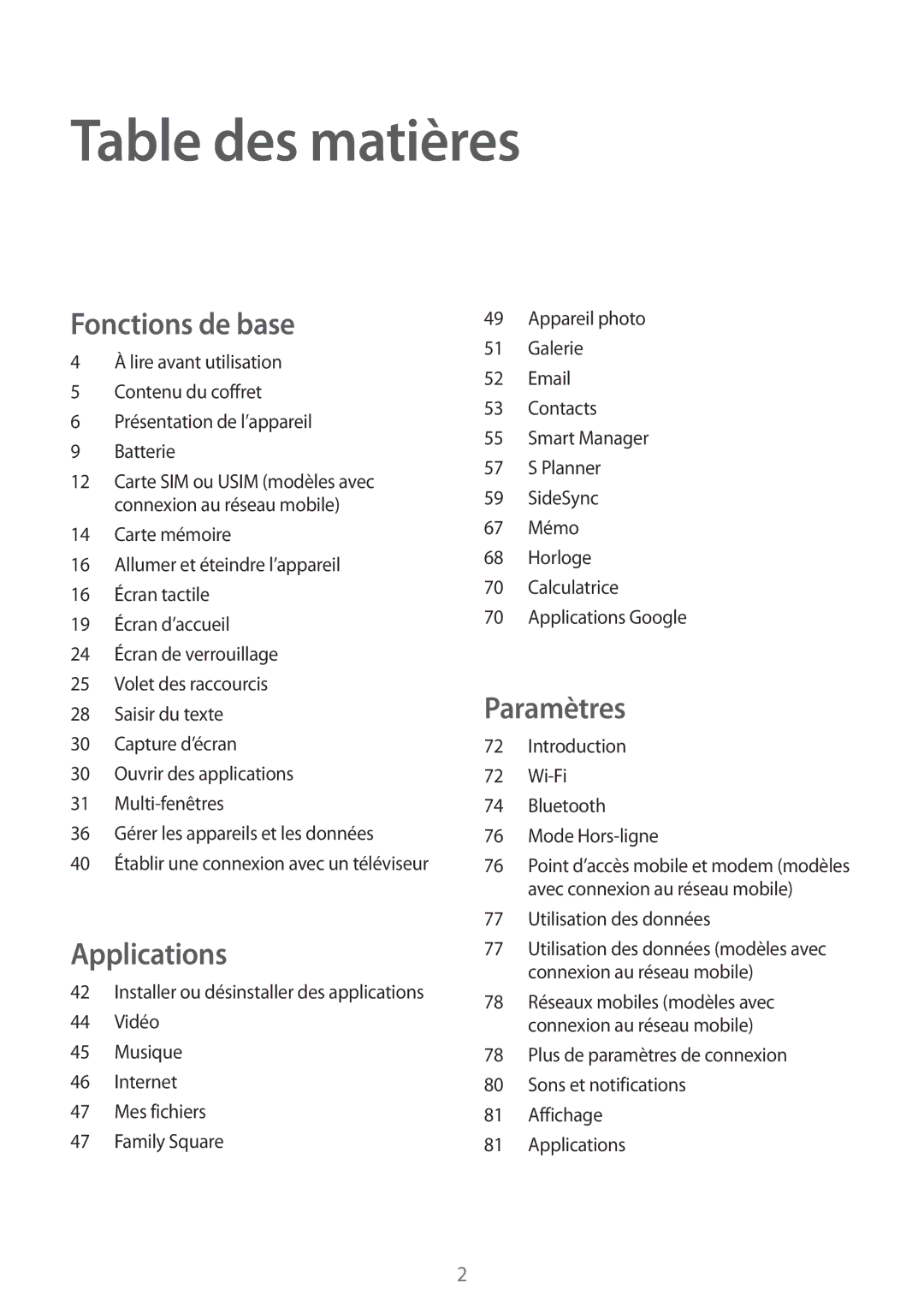 Samsung SM-T670NZKAXEF manual Table des matières 