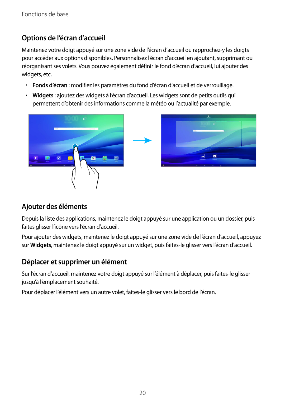 Samsung SM-T670NZKAXEF manual Options de l’écran d’accueil, Ajouter des éléments, Déplacer et supprimer un élément 