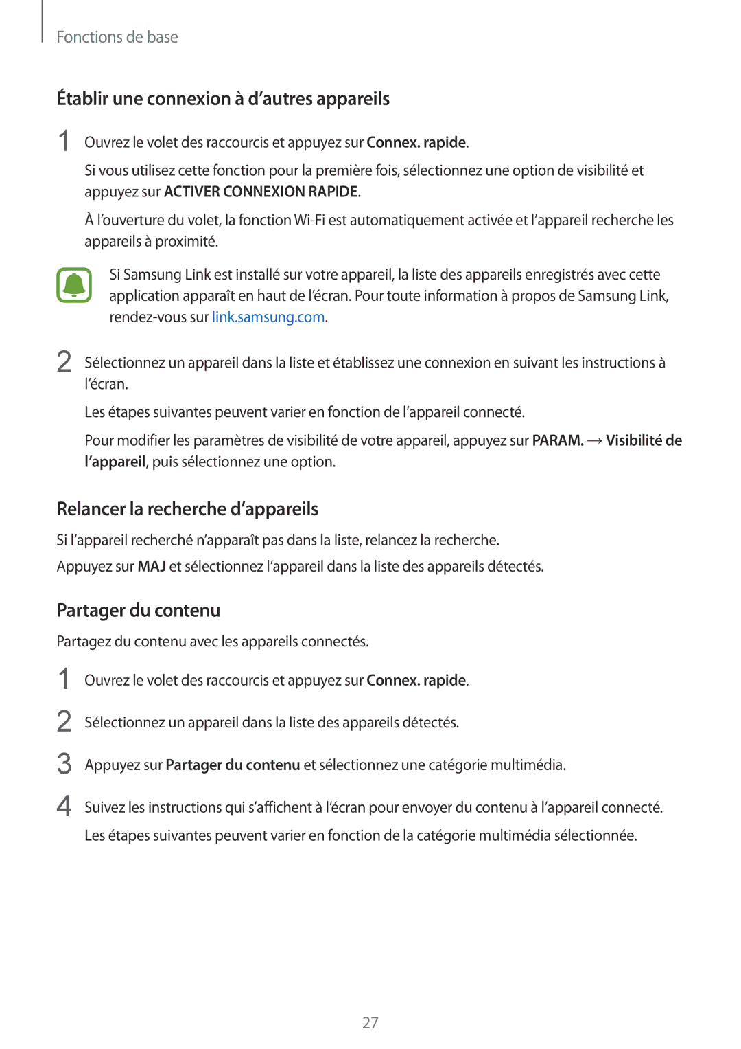 Samsung SM-T670NZKAXEF Établir une connexion à d’autres appareils, Relancer la recherche d’appareils, Partager du contenu 