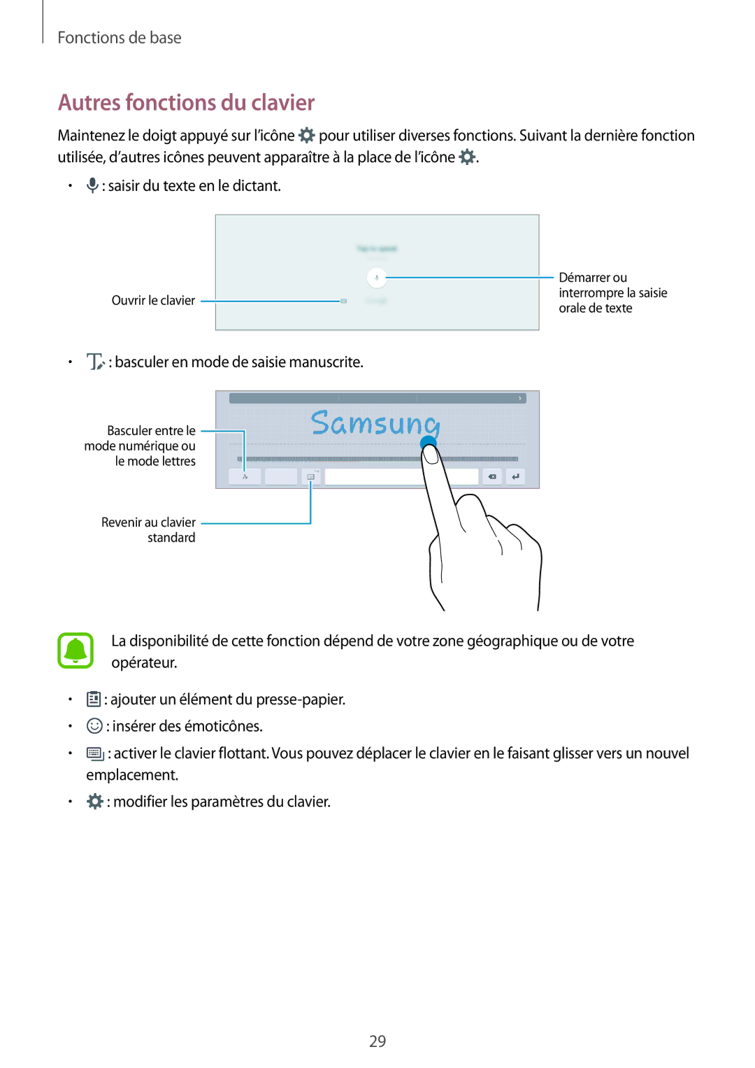 Samsung SM-T670NZKAXEF manual Autres fonctions du clavier, Basculer en mode de saisie manuscrite 