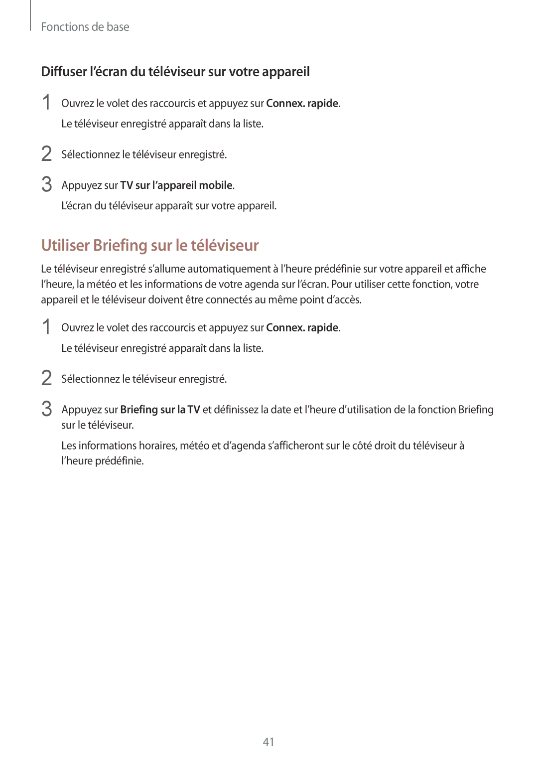 Samsung SM-T670NZKAXEF manual Utiliser Briefing sur le téléviseur, Diffuser l’écran du téléviseur sur votre appareil 