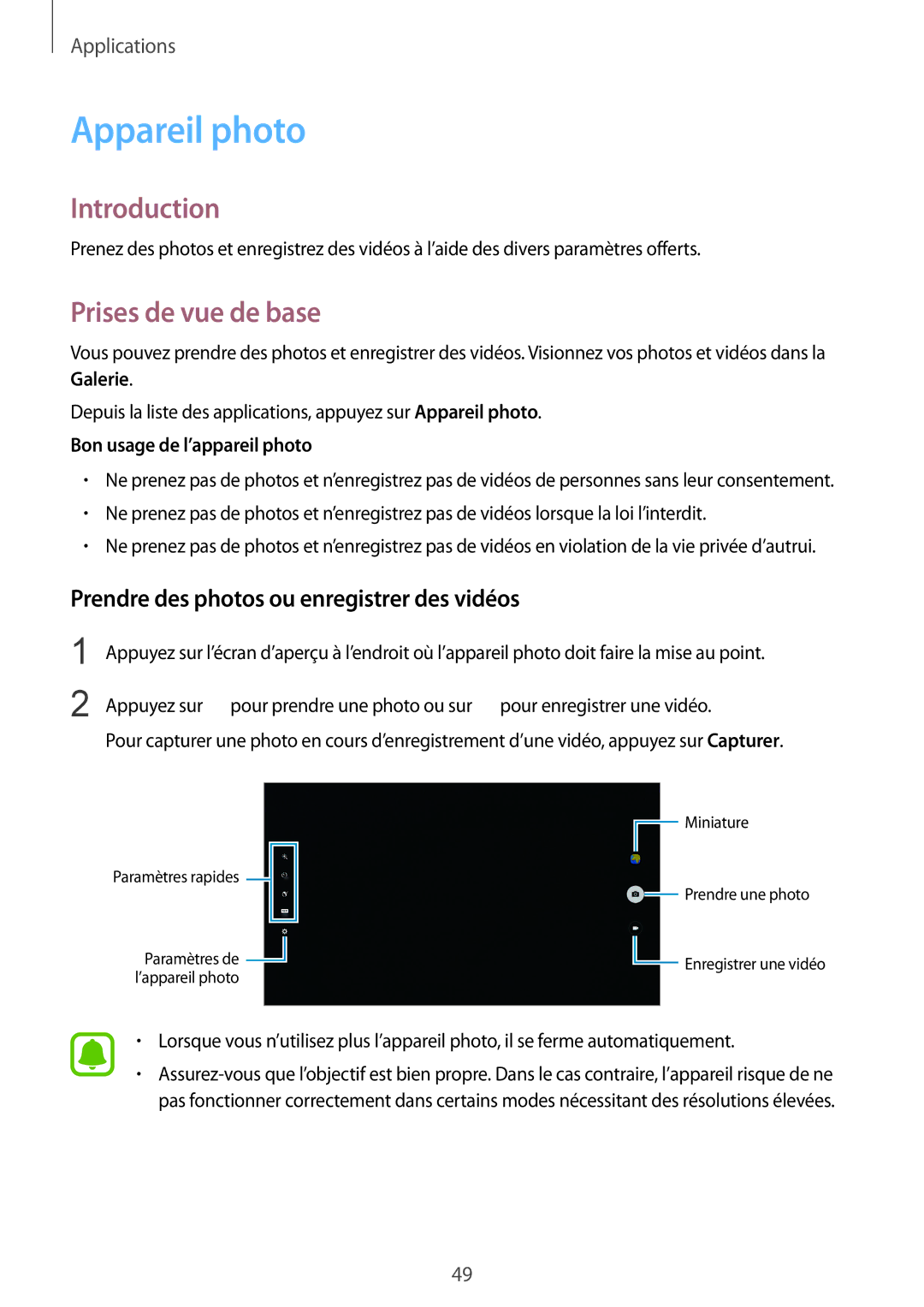 Samsung SM-T670NZKAXEF manual Appareil photo, Prises de vue de base, Prendre des photos ou enregistrer des vidéos 